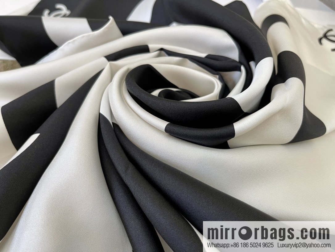 Chanel classic black and white grid large C100% silk scarf