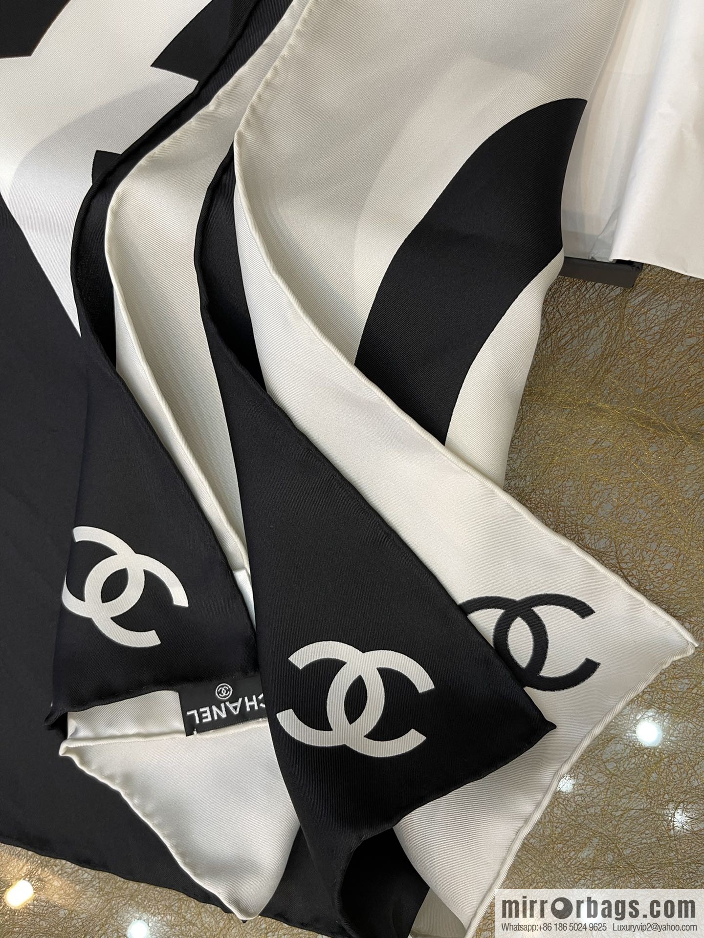 Chanel classic black and white grid large C100% silk scarf