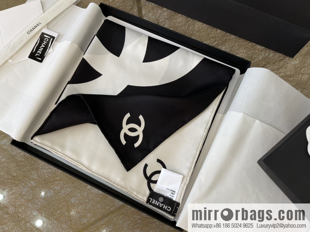 Chanel classic black and white grid large C100% silk scarf
