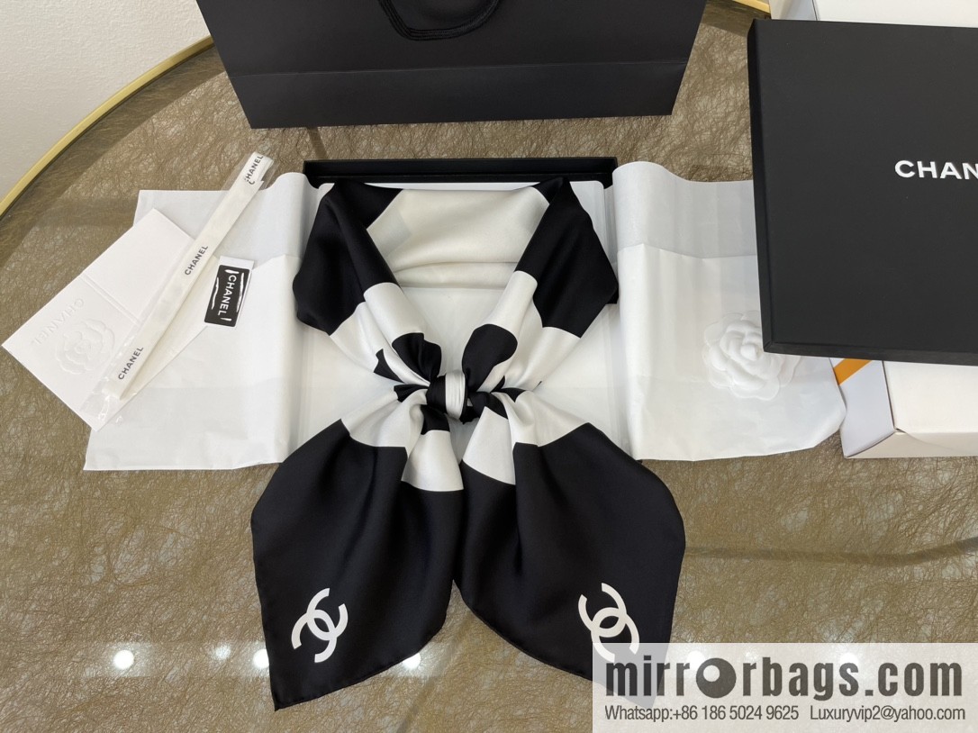 Chanel classic black and white grid large C100% silk scarf