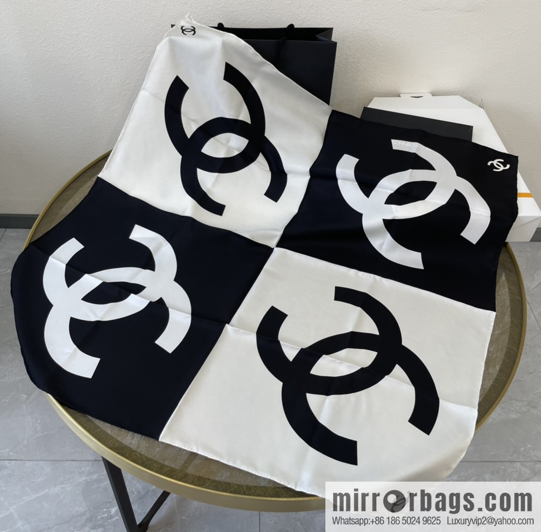 Chanel classic black and white grid large C100% silk scarf