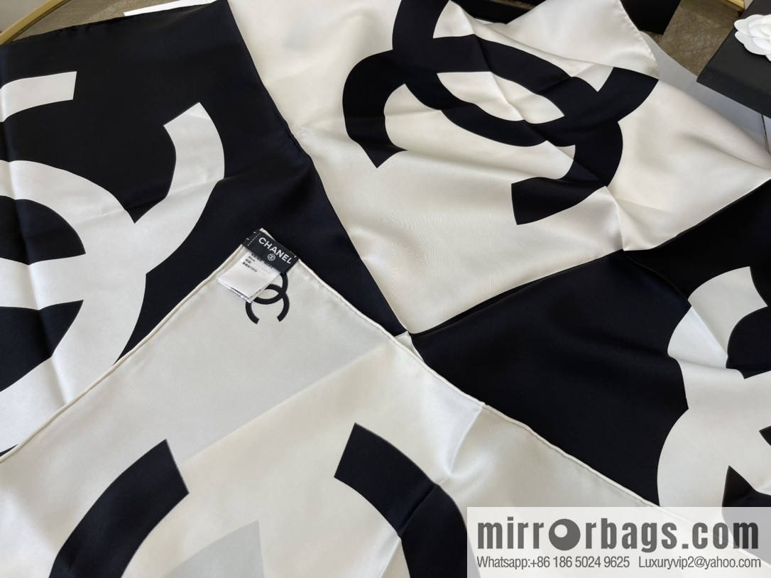 Chanel classic black and white grid large C100% silk scarf