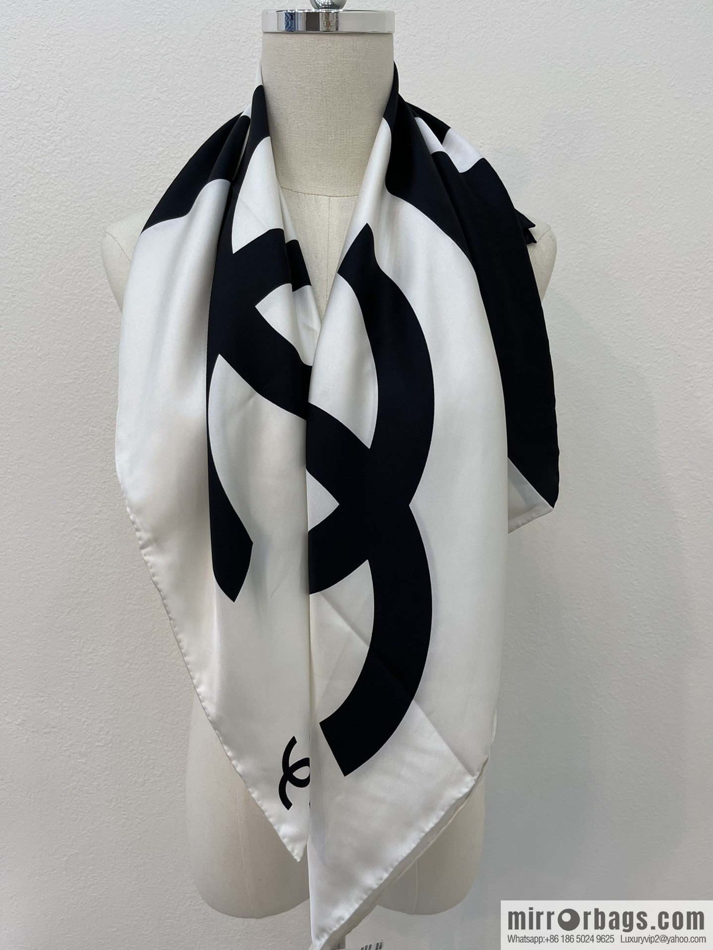 Chanel classic black and white grid large C100% silk scarf