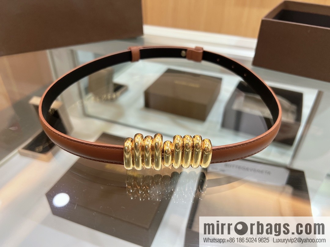 BV Baodian Replica Luxury Handbag, Brown Gold Metal Buckle Wrapped Irregular Design Gold Ring Decorative Waist Belt