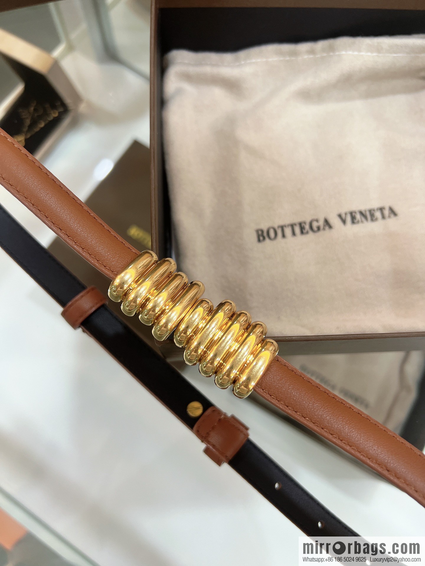 BV Baodian Replica Luxury Handbag, Brown Gold Metal Buckle Wrapped Irregular Design Gold Ring Decorative Waist Belt