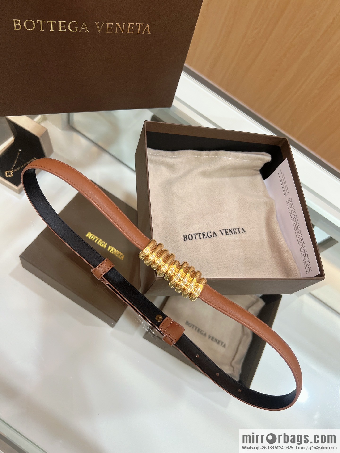BV Baodian Replica Luxury Handbag, Brown Gold Metal Buckle Wrapped Irregular Design Gold Ring Decorative Waist Belt