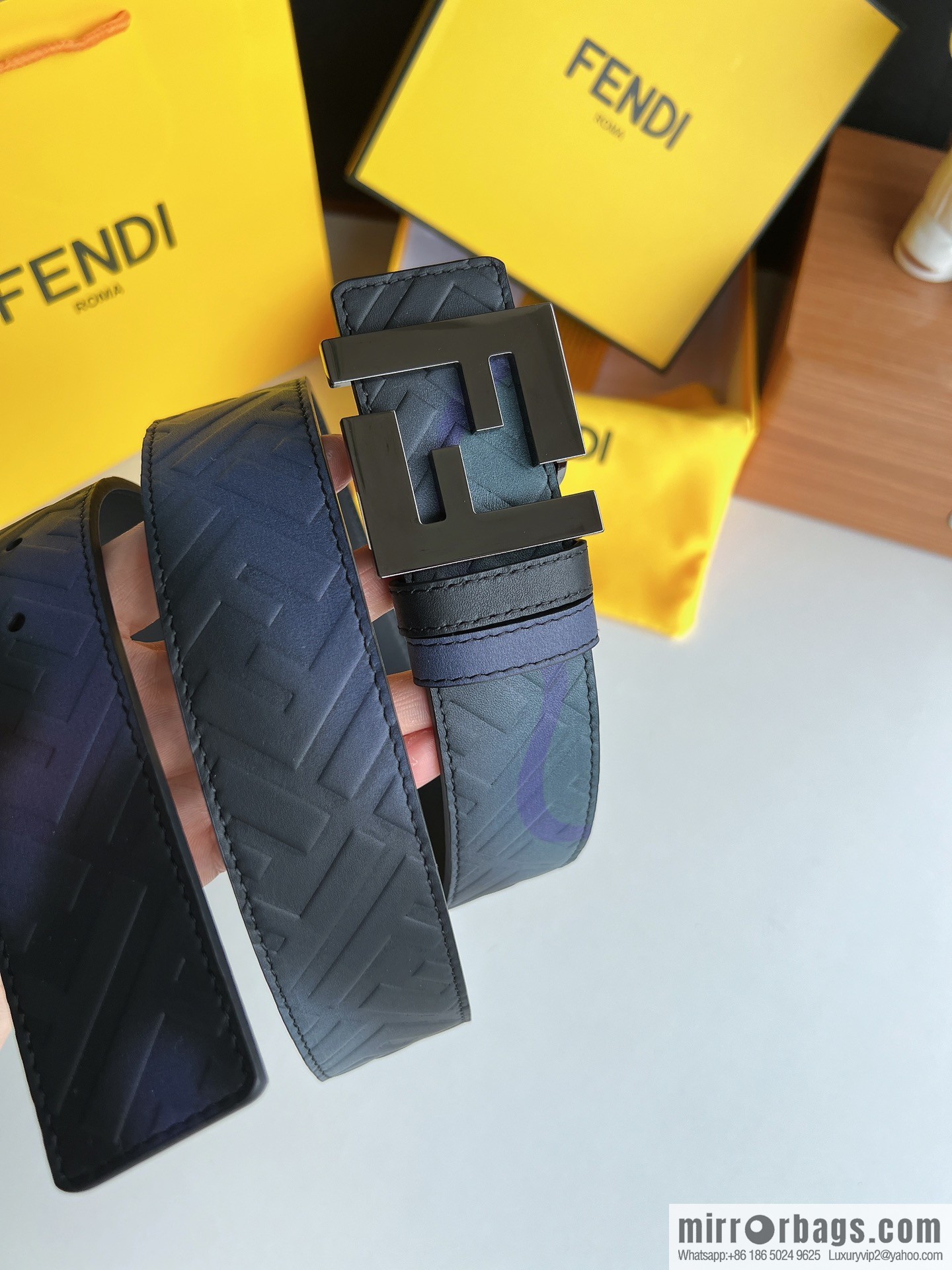 Fendi, printed dark blue double FF cowhide belt 4.0cm