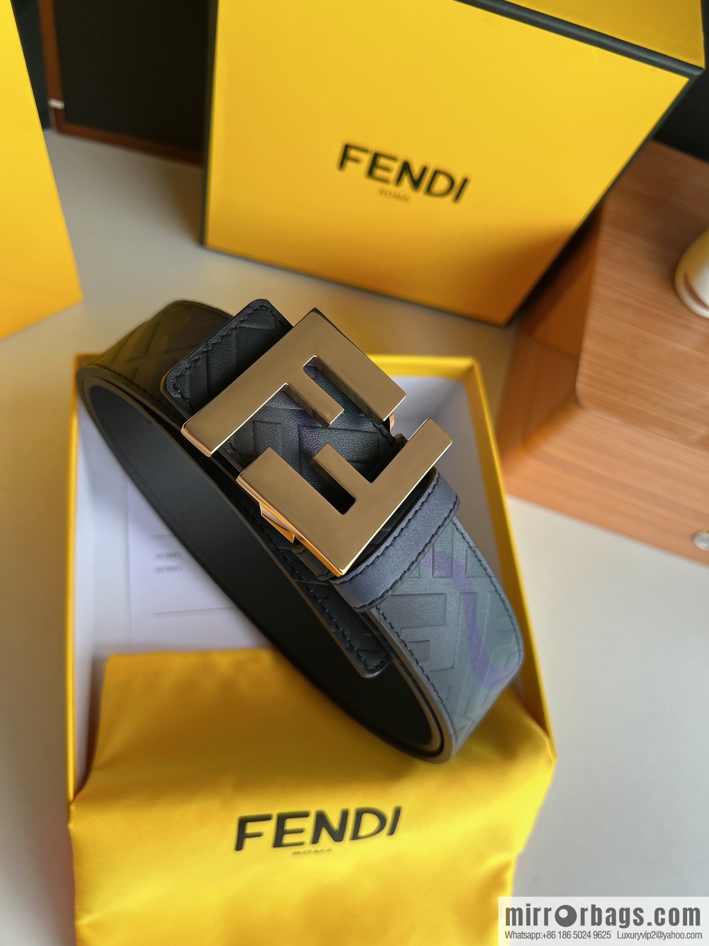 Fendi, printed dark blue double FF cowhide belt 4.0cm