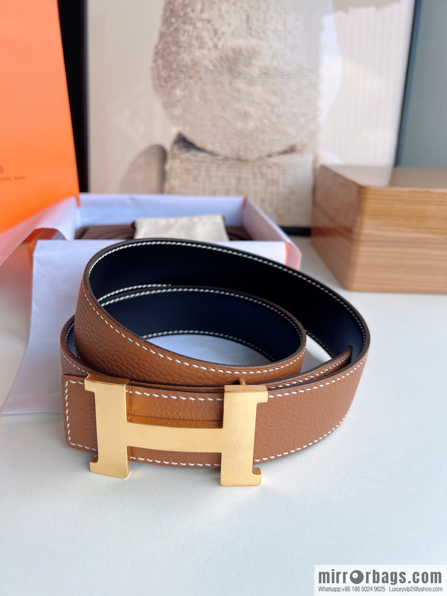 Hermes Hermes, imported selected high-quality leather stainless steel four-corner glossy metal buckle 3.8cm belt