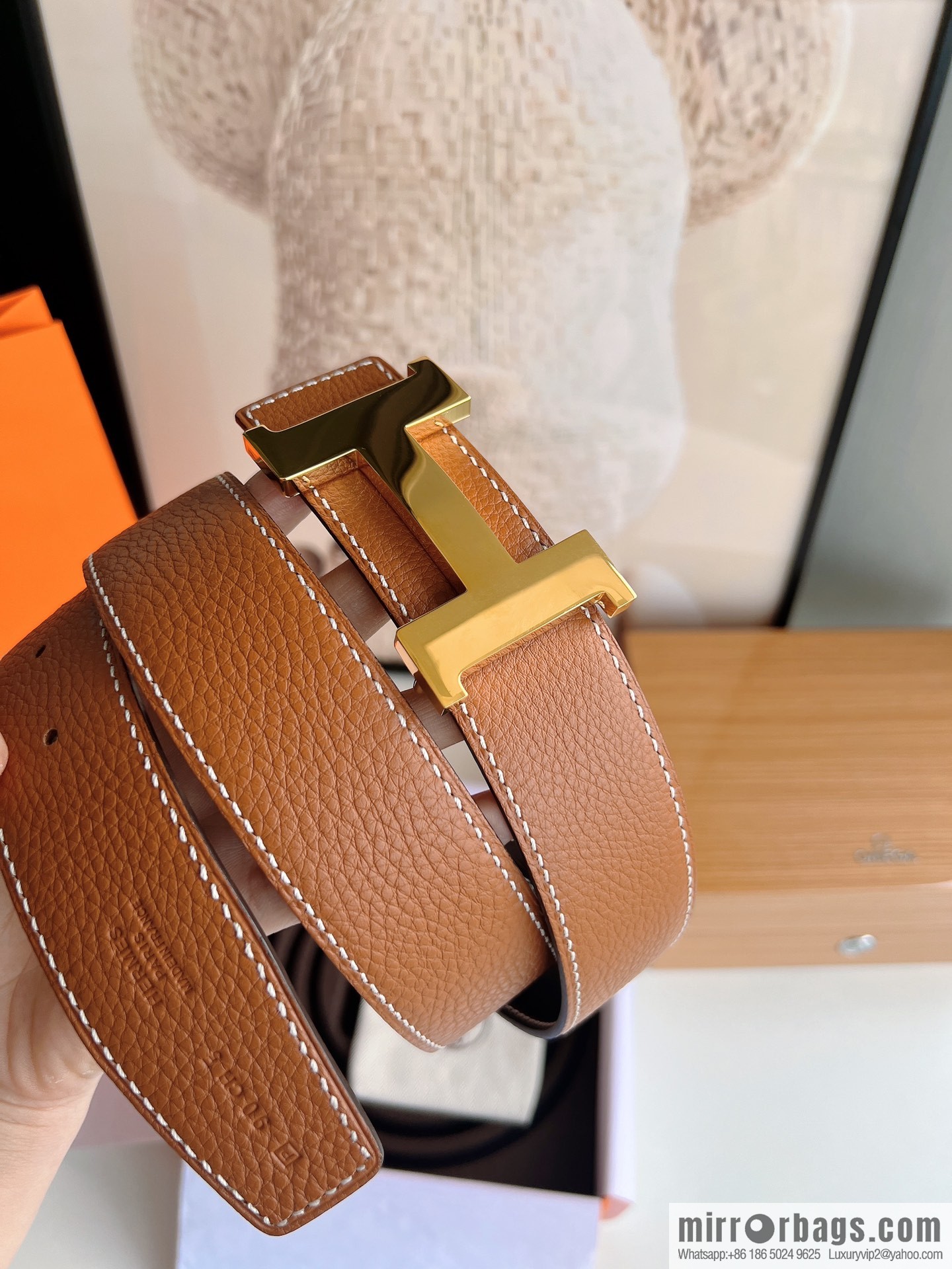 Hermes Hermes, imported selected high-quality leather stainless steel four-corner glossy metal buckle 3.8cm belt