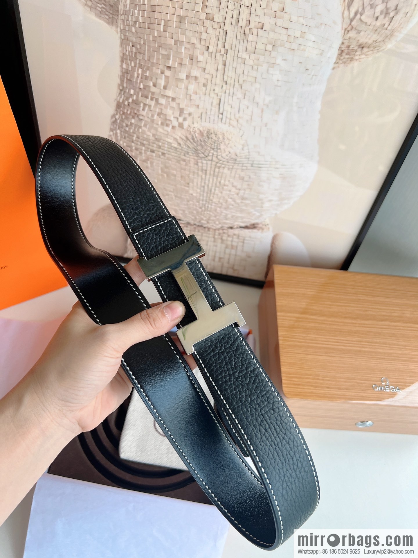 Hermes Hermes, imported selected high-quality leather stainless steel four-corner glossy metal buckle 3.8cm belt