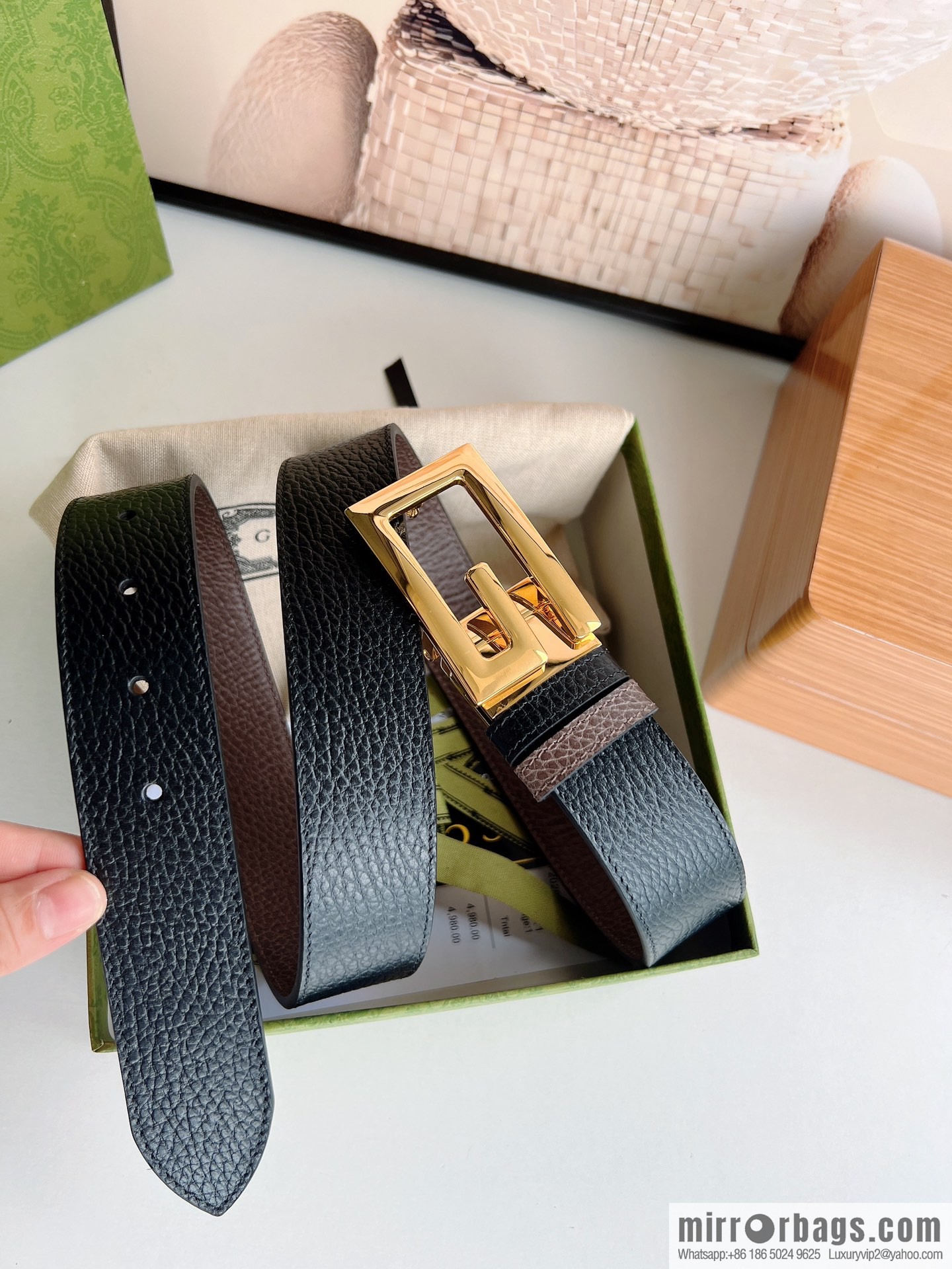 Gucci Gucci 3.5cm full leather black coffee double G gold/silver buckle belt