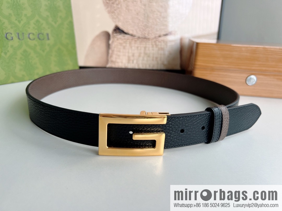 Gucci Gucci 3.5cm full leather black coffee double G gold/silver buckle belt