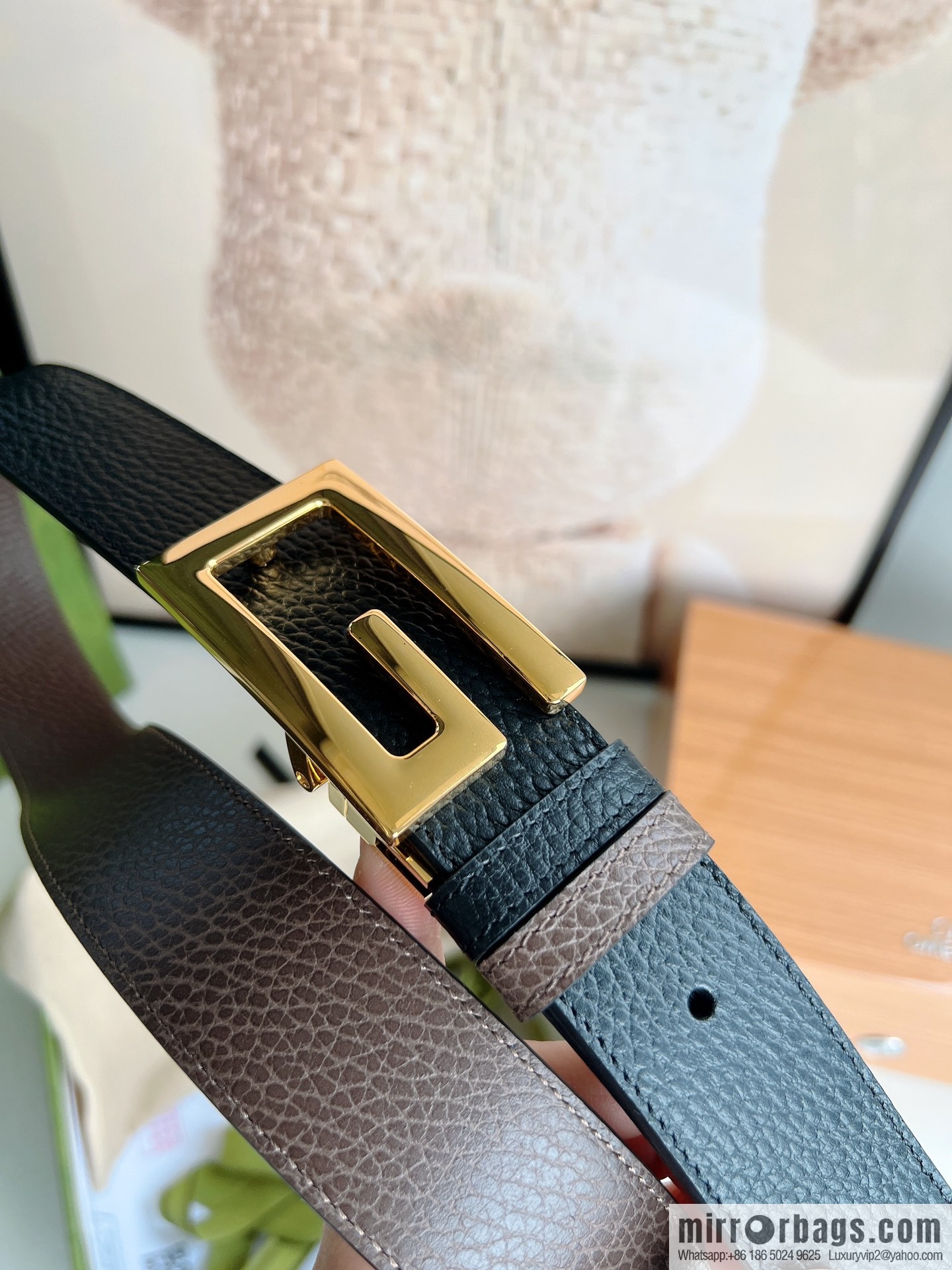 Gucci Gucci 3.5cm full leather black coffee double G gold/silver buckle belt