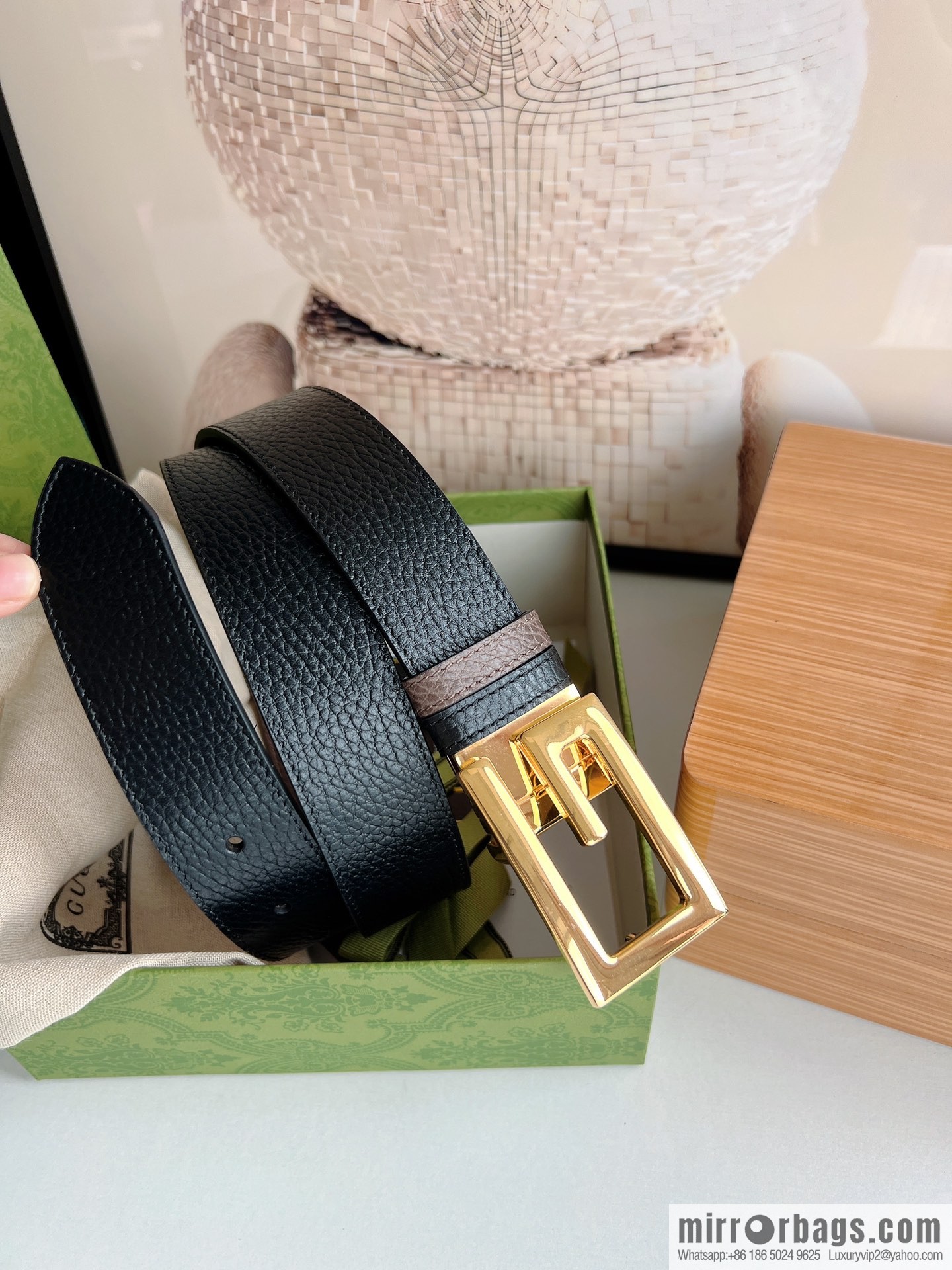 Gucci Gucci 3.5cm full leather black coffee double G gold/silver buckle belt
