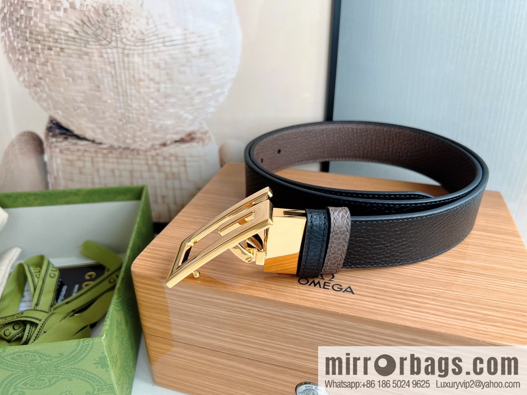 Gucci Gucci 3.5cm full leather black coffee double G gold/silver buckle belt