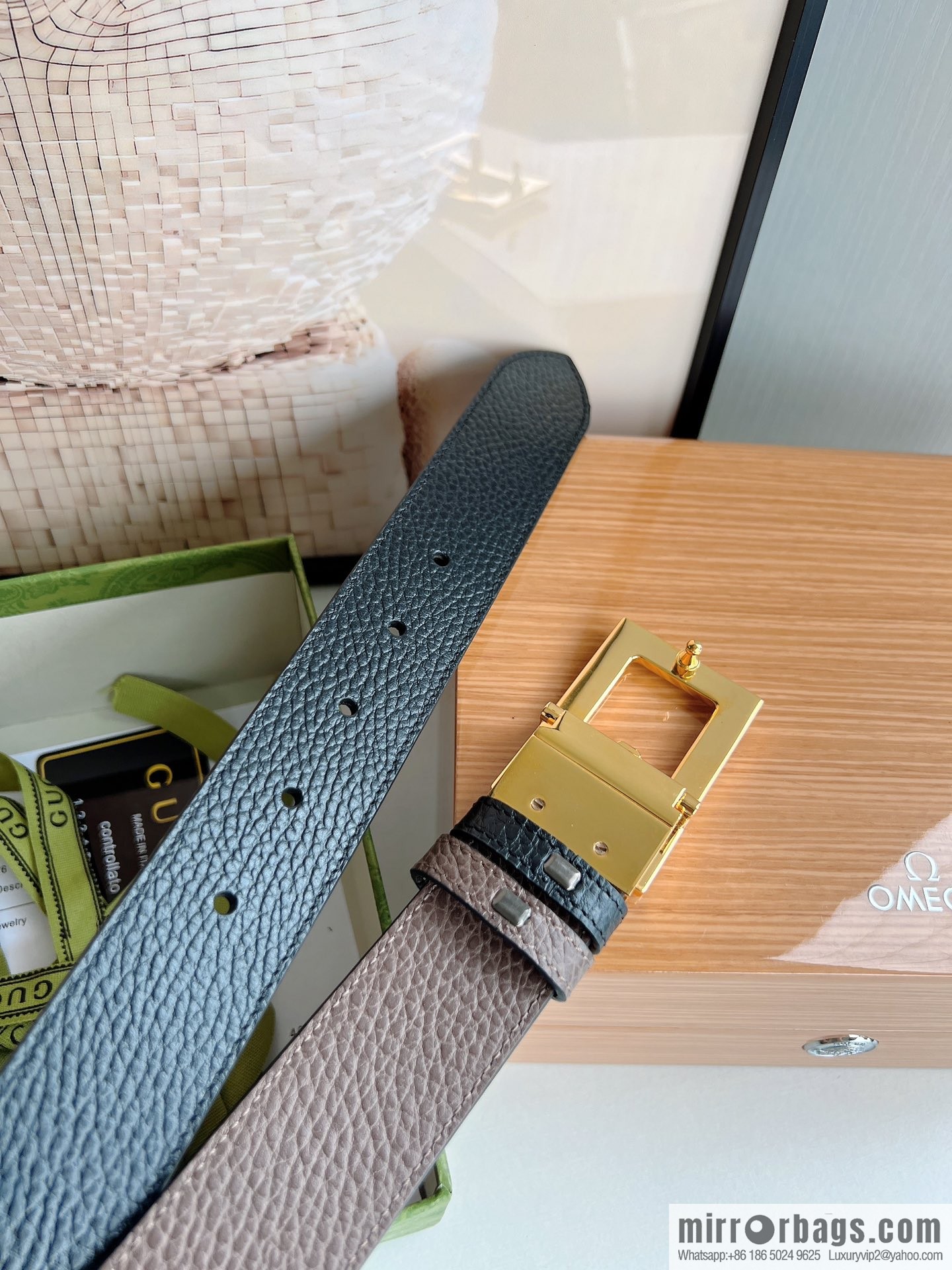 Gucci Gucci 3.5cm full leather black coffee double G gold/silver buckle belt