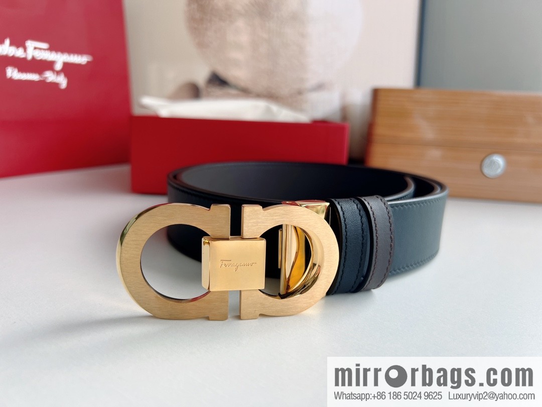 Ferragamo 8-figure buckle oblique inner profile polished double-sided first-layer cowhide belt 3.5cm