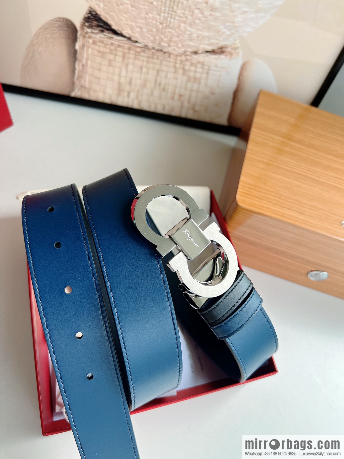 Ferragamo 8-figure buckle oblique inner profile polished double-sided first-layer cowhide belt 3.5cm