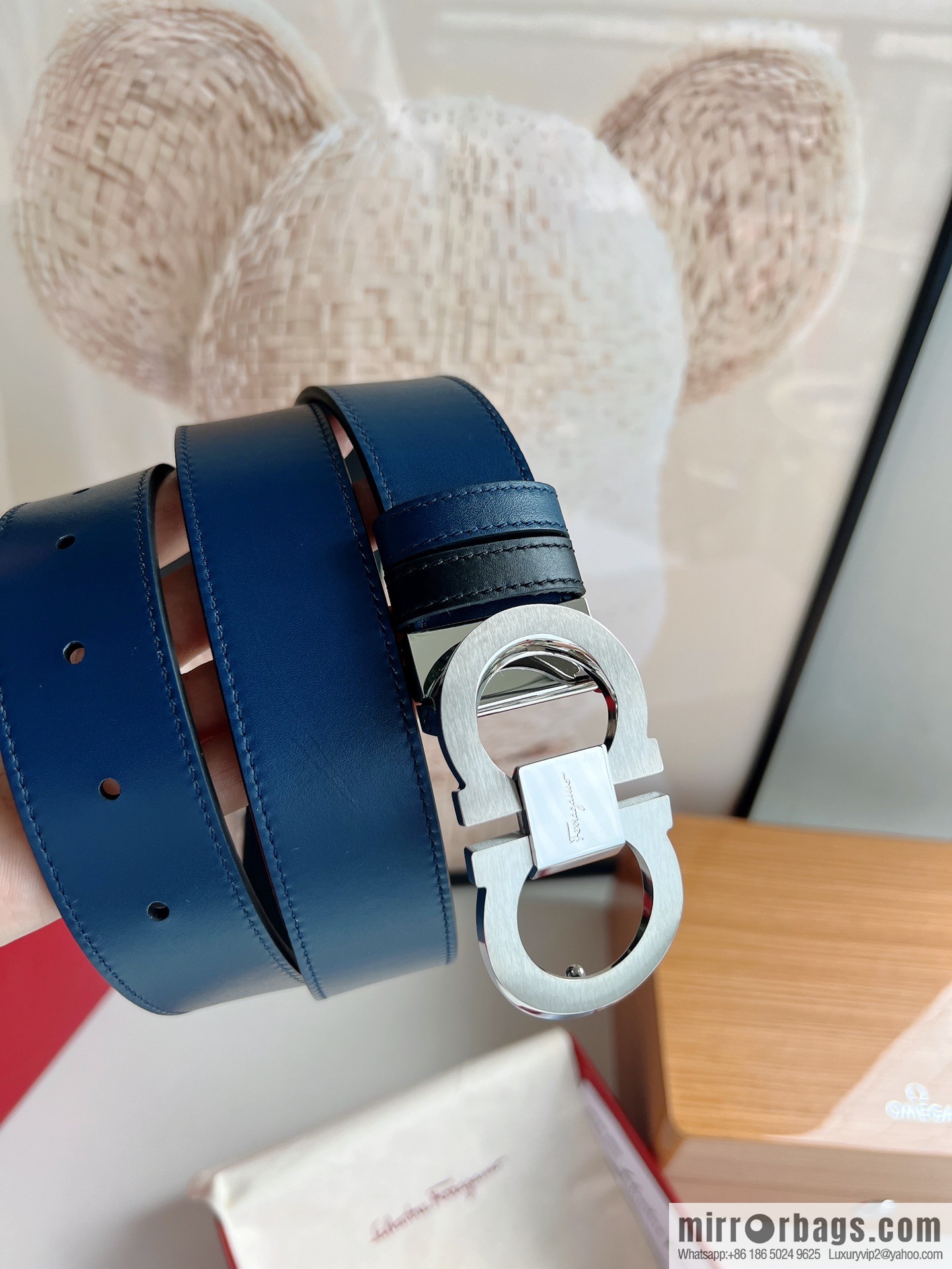 Ferragamo 8-figure buckle oblique inner profile polished double-sided first-layer cowhide belt 3.5cm