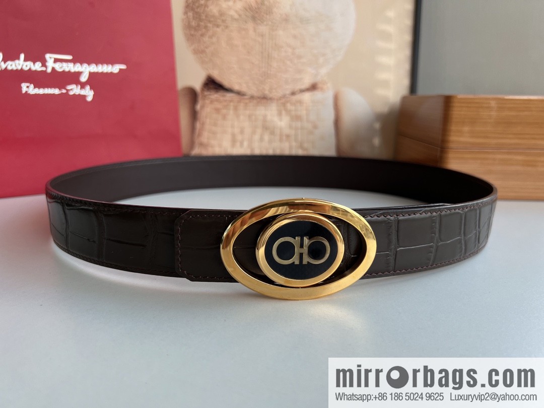 Salvatore Ferragamo Men's 3.5cm stainless steel flip resin buckle, imported cowhide pressed crocodile belt