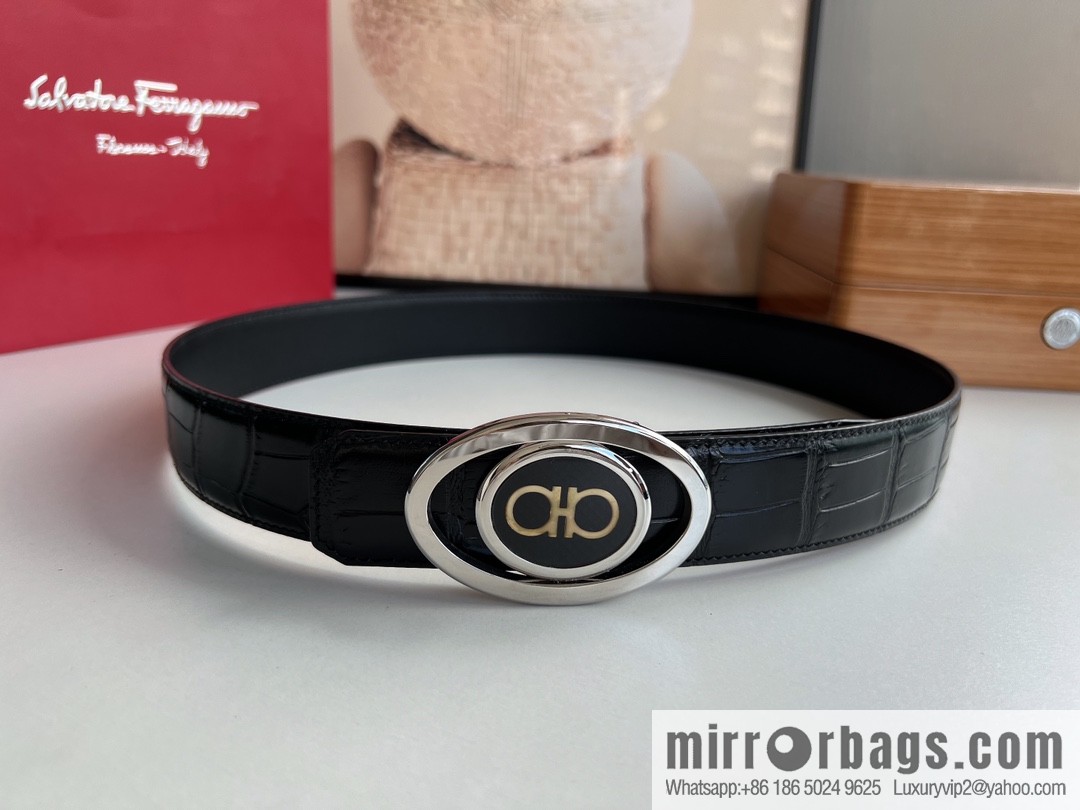 Salvatore Ferragamo Men's 3.5cm stainless steel flip resin buckle, imported cowhide pressed crocodile belt