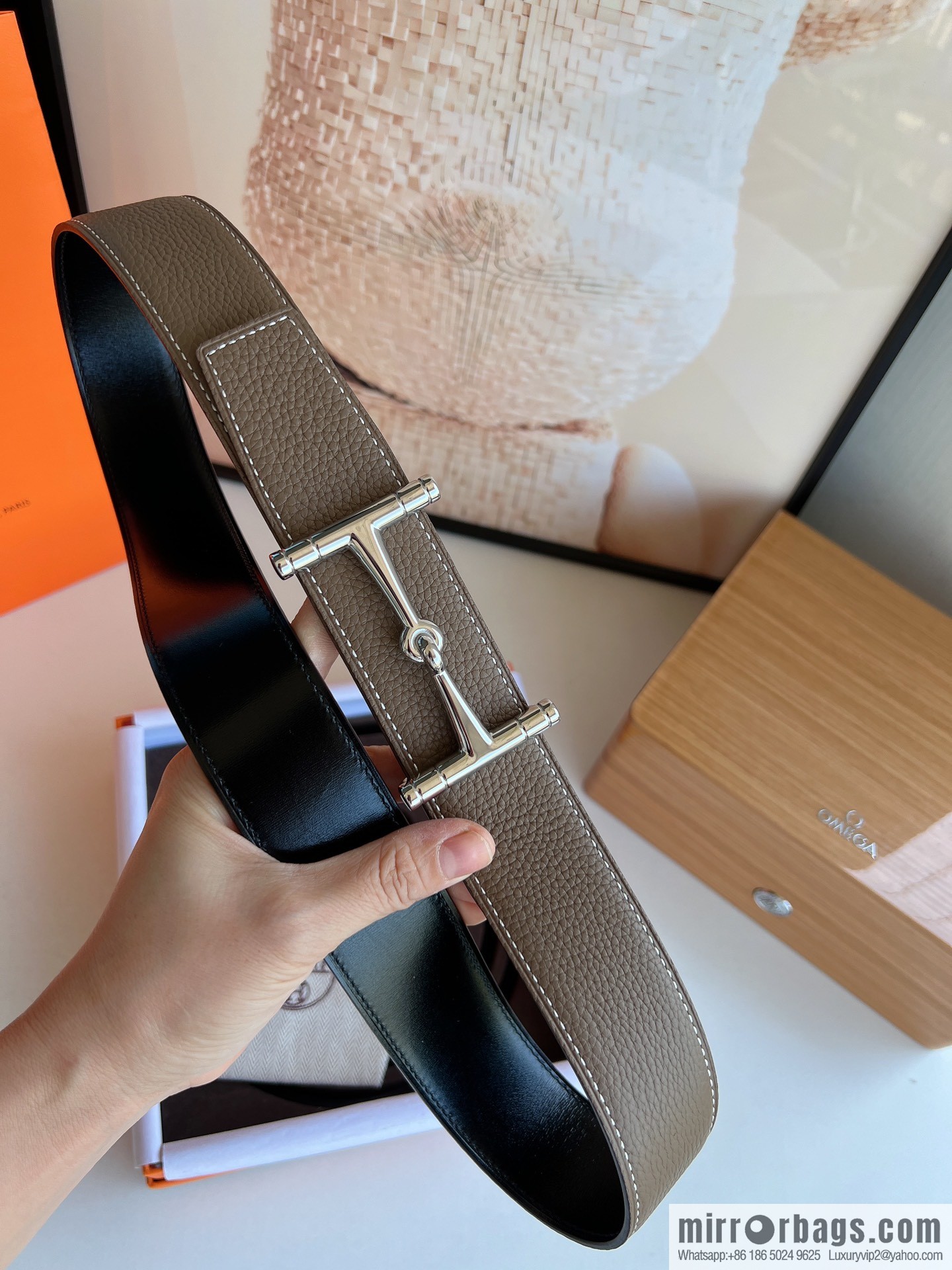 Hermes, Stainless Steel H Solder Joint Boutique Buckle Togo Leather Double Sided Leather Belt 38mm