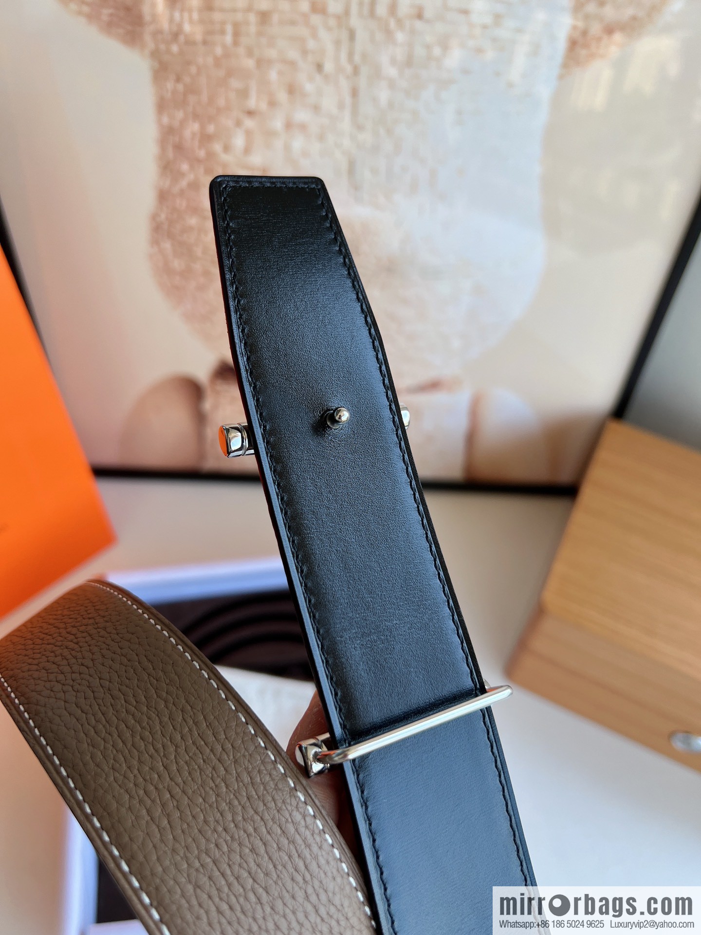 Hermes, Stainless Steel H Solder Joint Boutique Buckle Togo Leather Double Sided Leather Belt 38mm