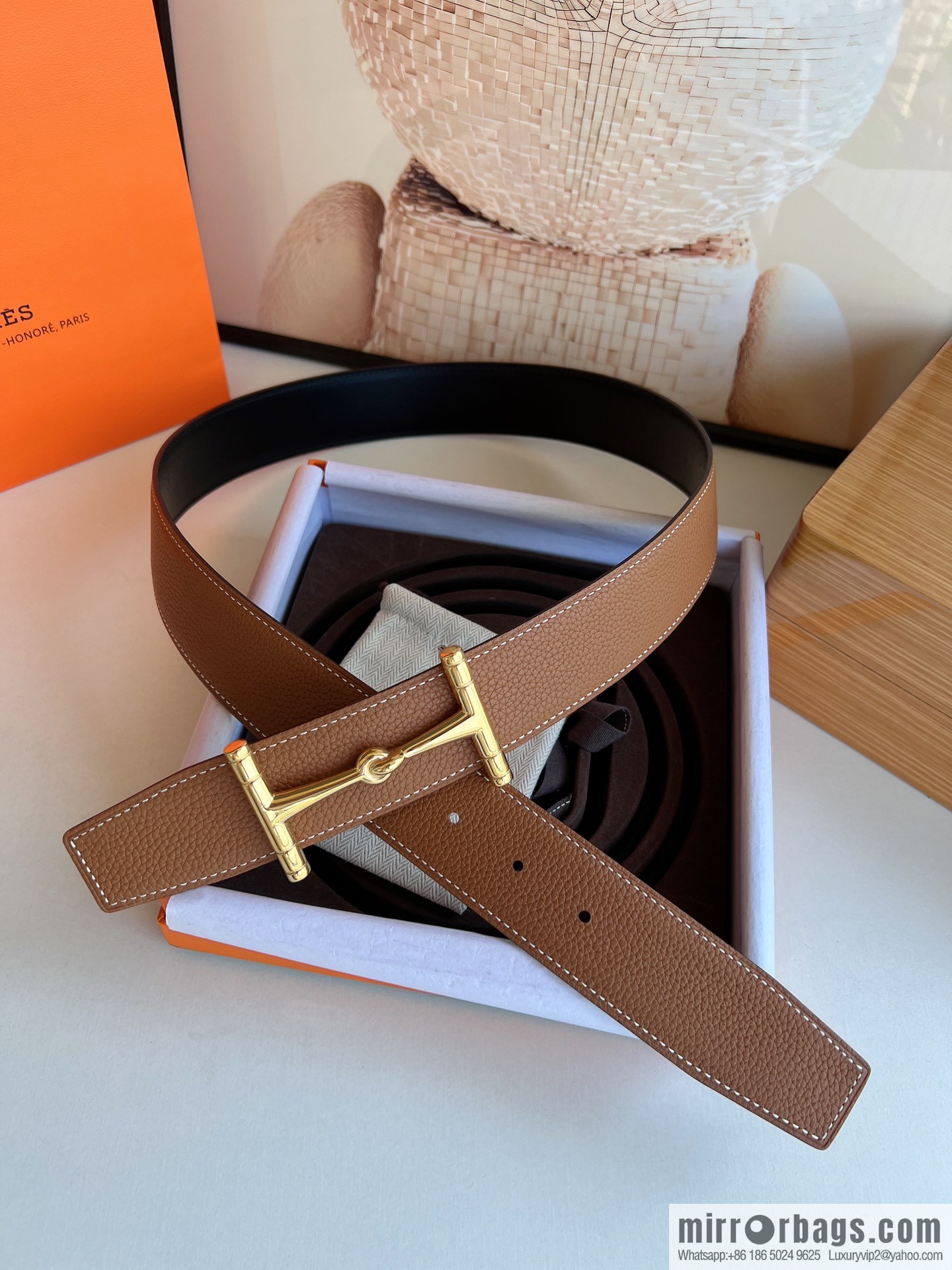Hermes, Stainless Steel H Solder Joint Boutique Buckle Togo Leather Double Sided Leather Belt 38mm