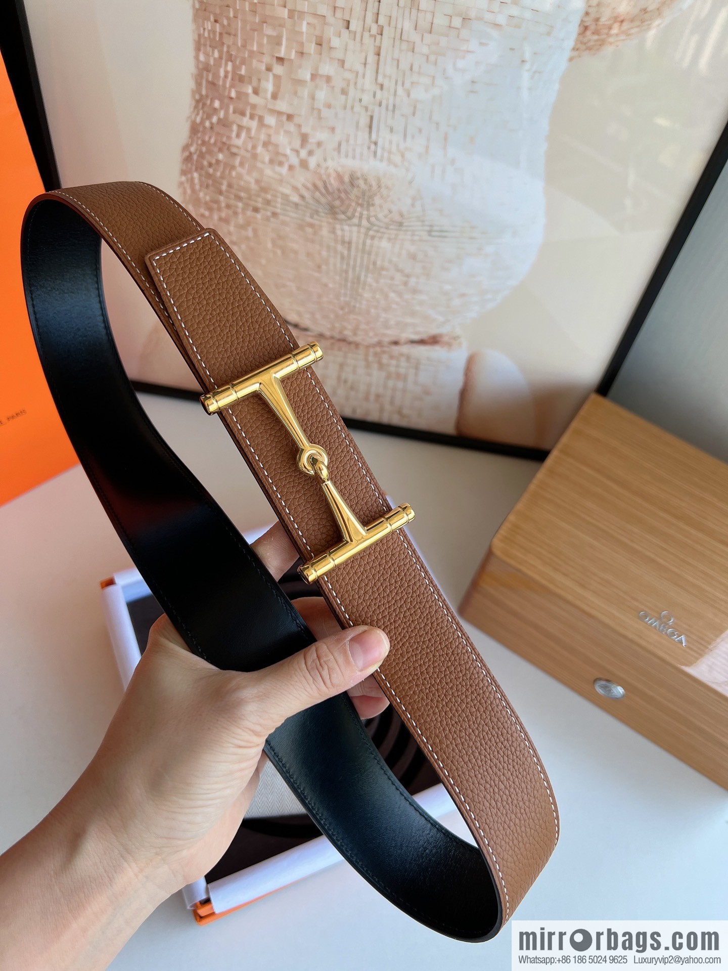 Hermes, Stainless Steel H Solder Joint Boutique Buckle Togo Leather Double Sided Leather Belt 38mm