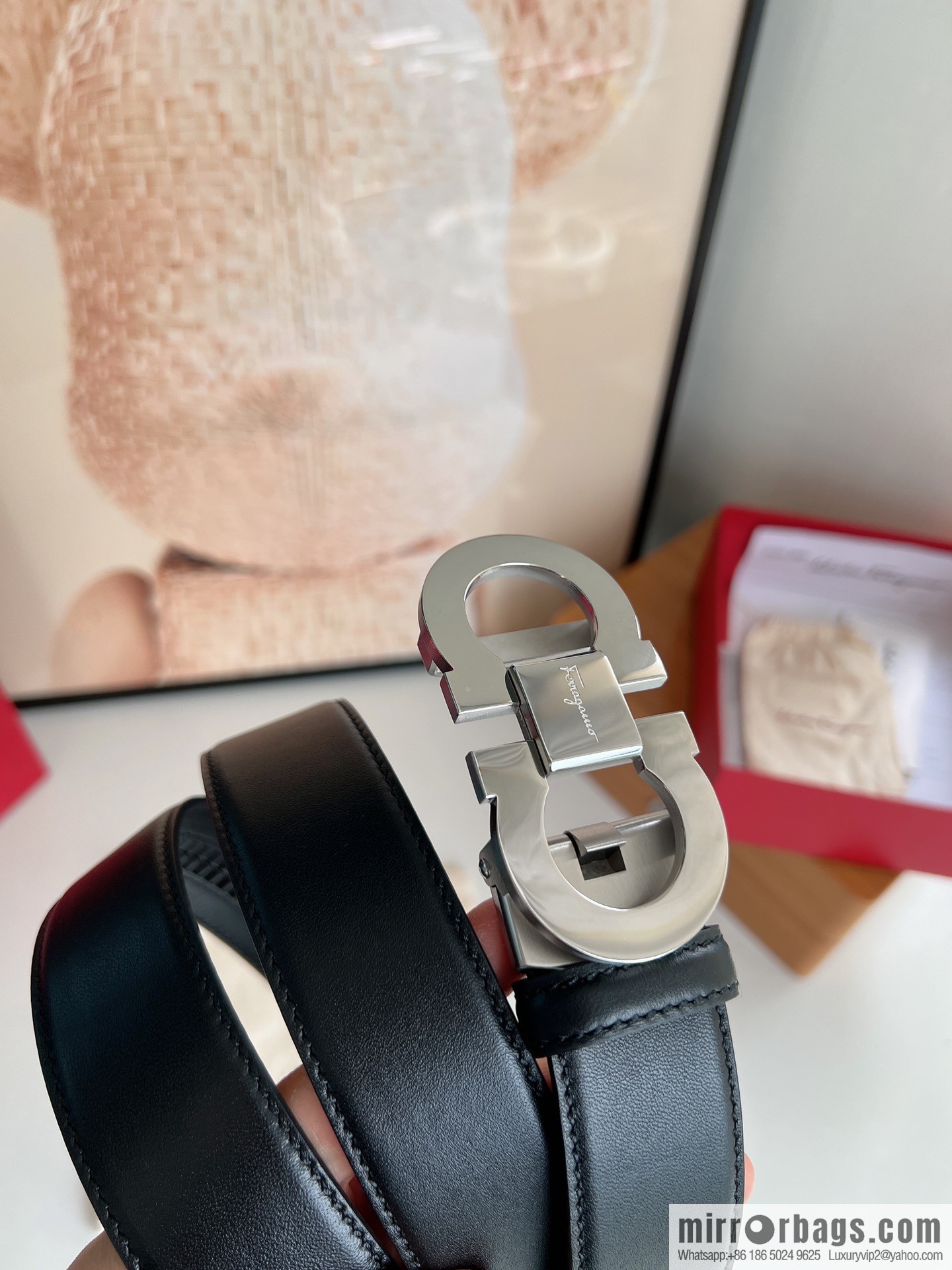 Salvatore Ferragamo Men's 3.5cm Classic Double Circle Automatic Buckle, Imported Double-sided First Cowhide Belt