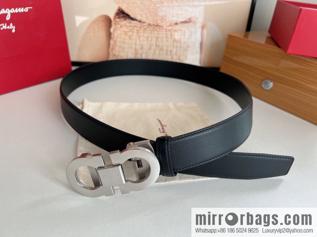 Salvatore Ferragamo Men's 3.5cm Classic Double Circle Automatic Buckle, Imported Double-sided First Cowhide Belt
