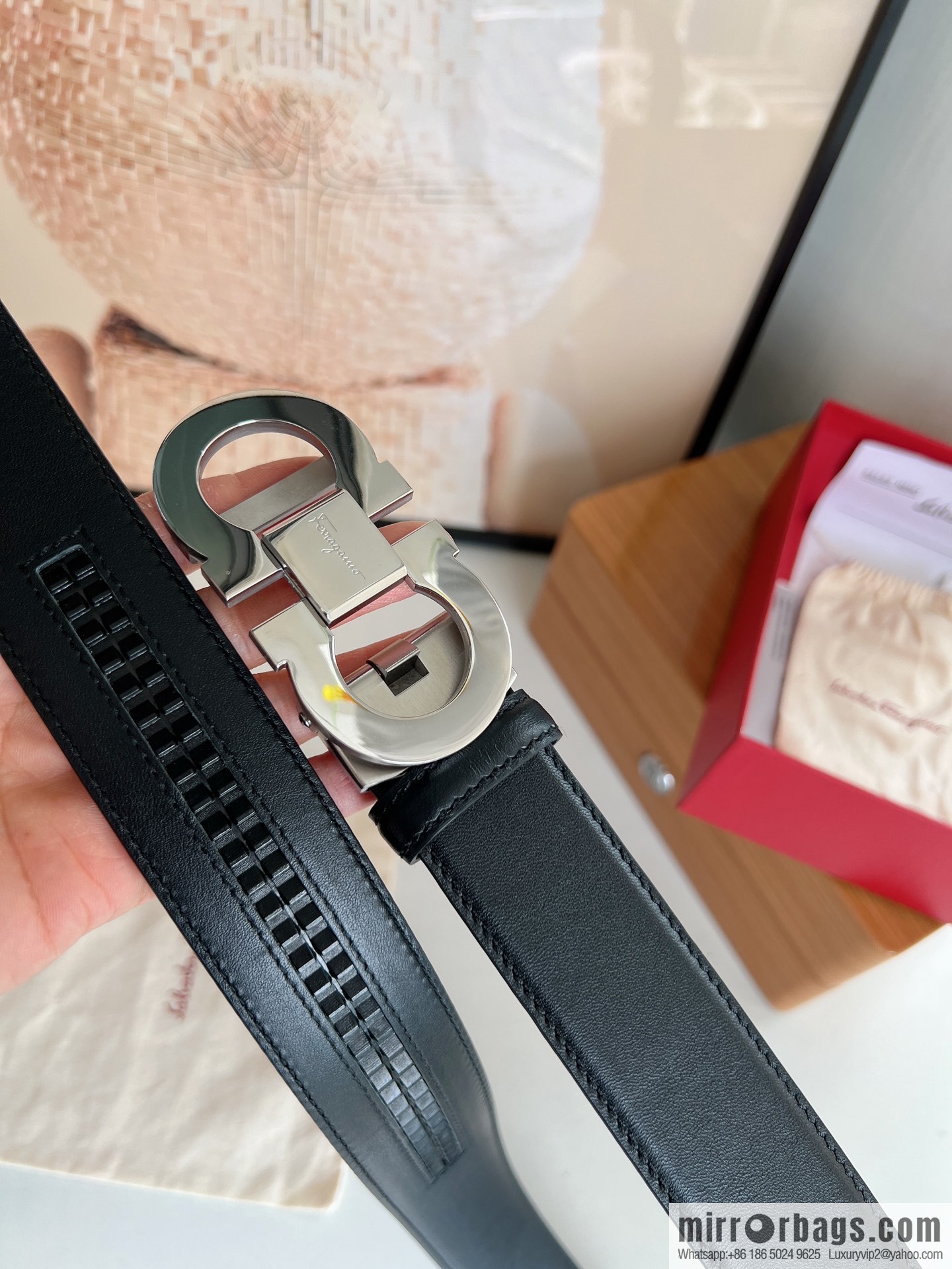 Salvatore Ferragamo Men's 3.5cm Classic Double Circle Automatic Buckle, Imported Double-sided First Cowhide Belt