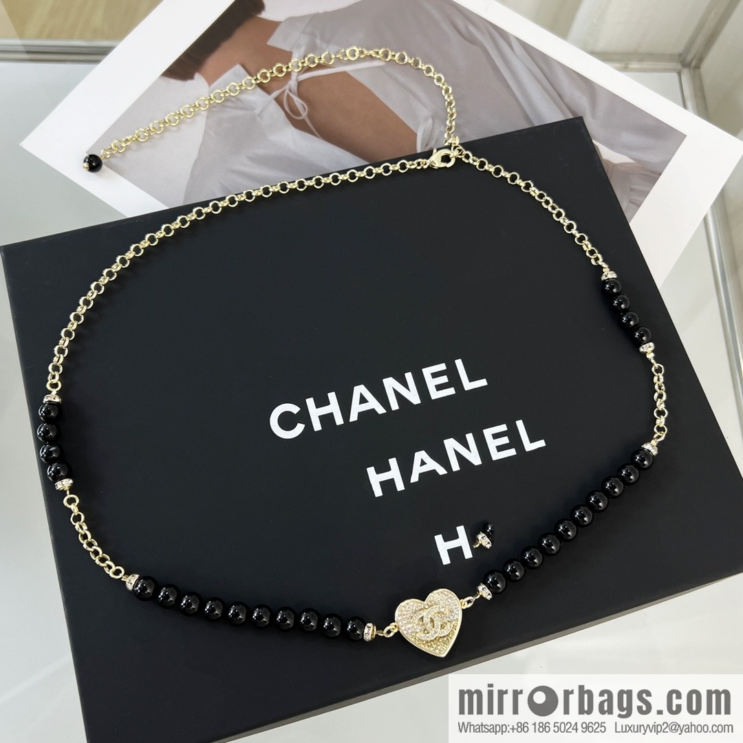 New ☑️ CHANEL CHANEL double c full diamond peach heart black pearl belt belt chain