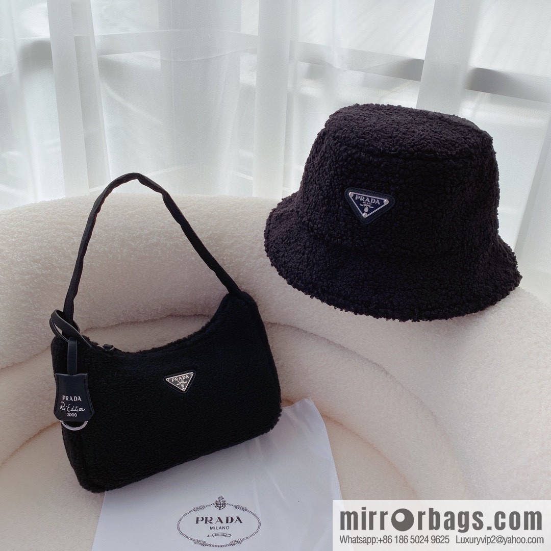 Prada embroidered logo lamb wool bucket hat