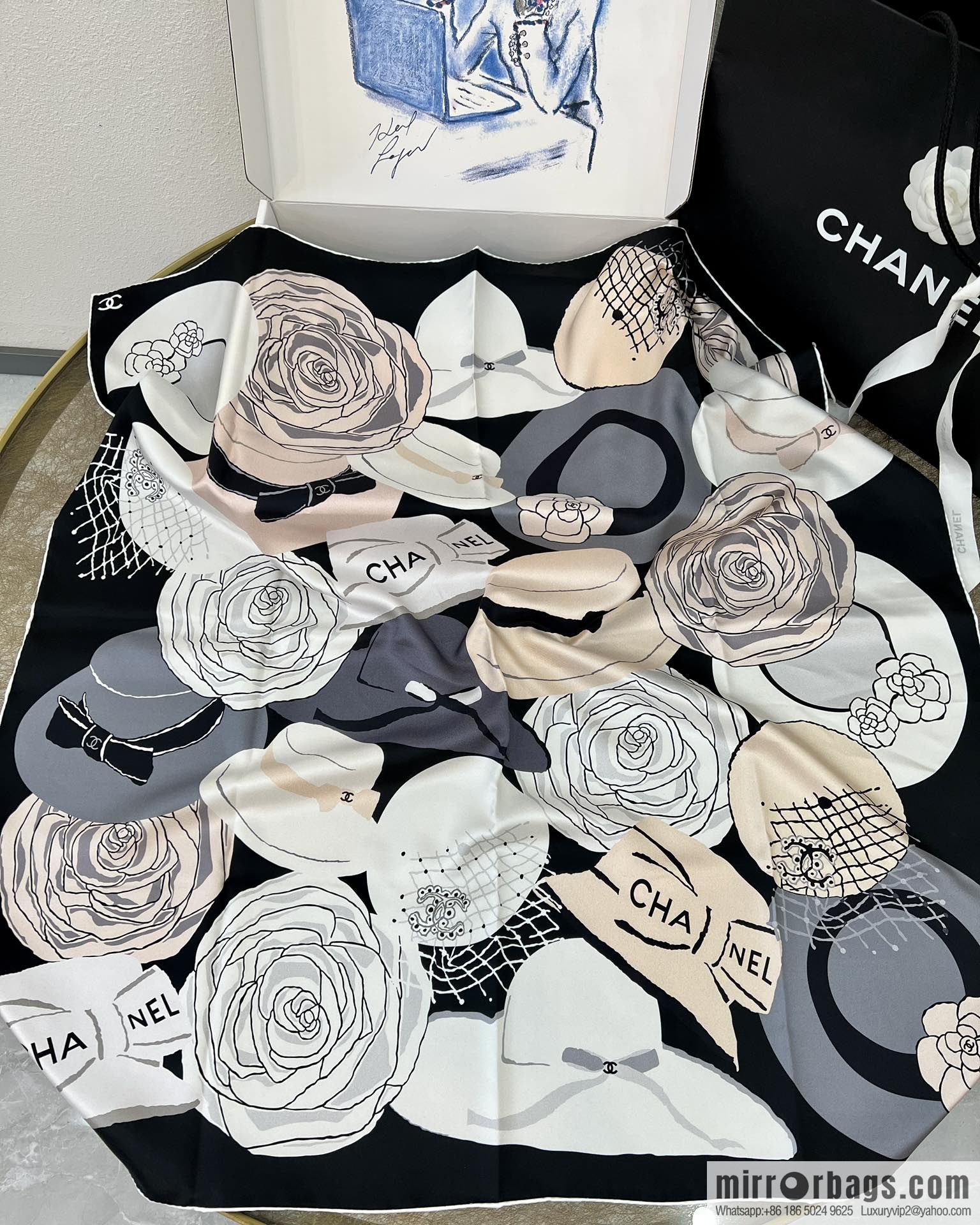 Chanel color matching camellia 100% silk scarf