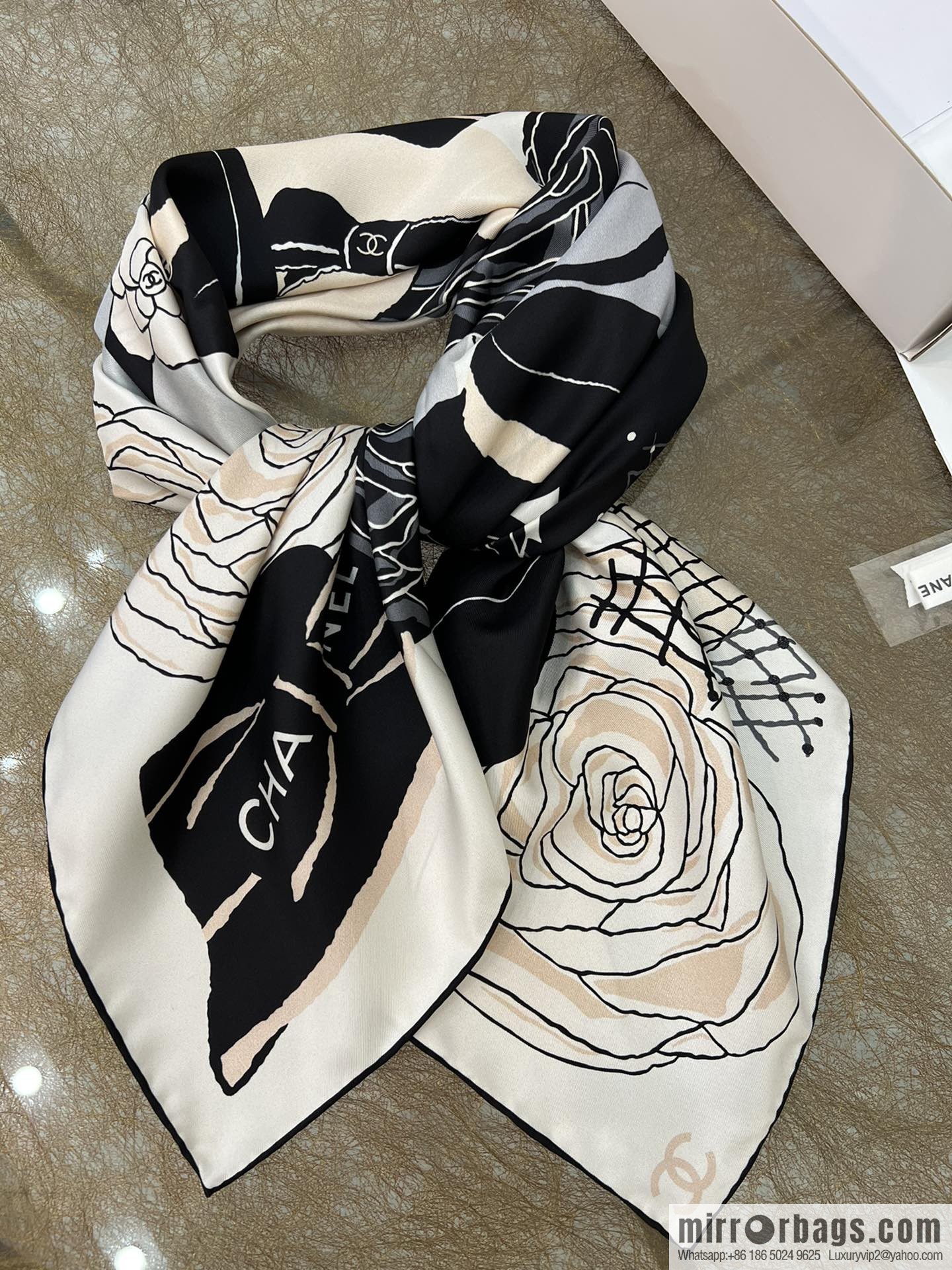 Chanel color matching camellia 100% silk scarf