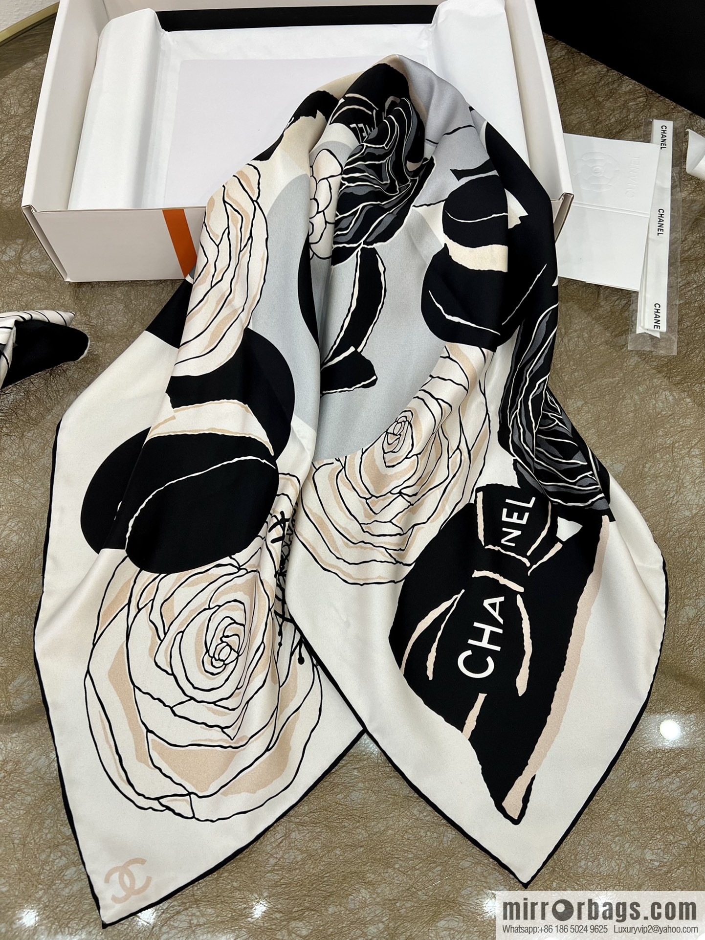 Chanel color matching camellia 100% silk scarf