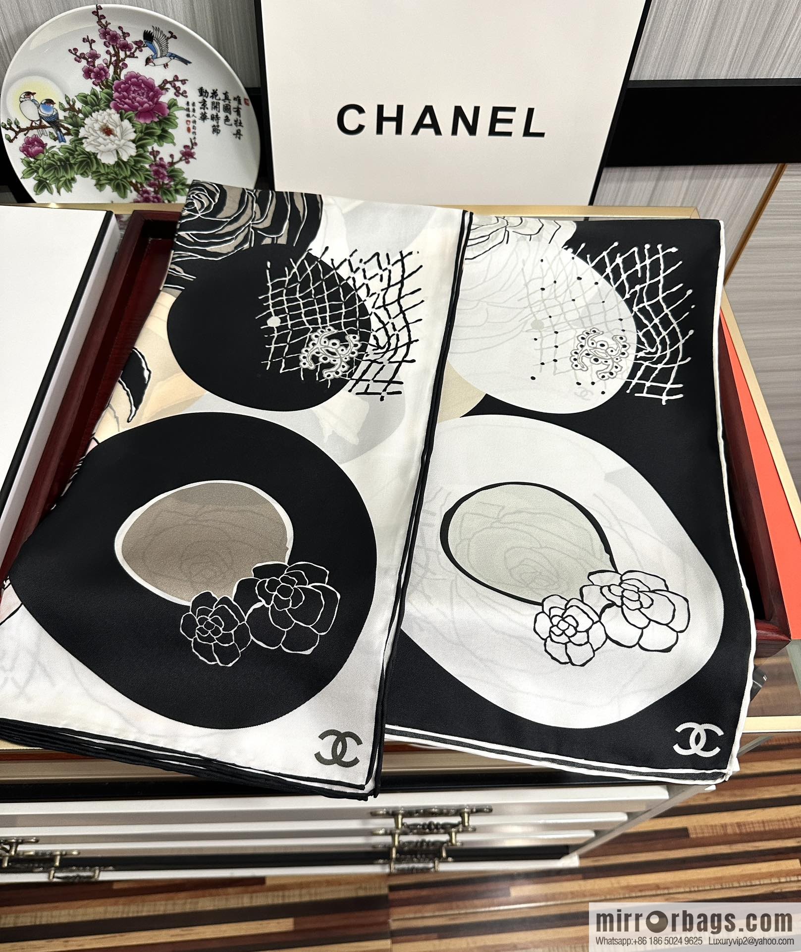 Chanel hat series 100% top twill silk scarf