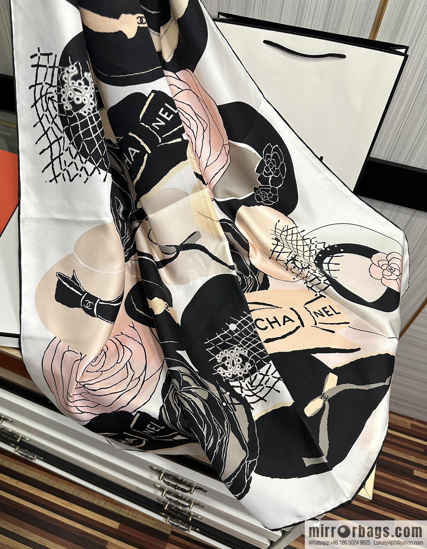 Chanel hat series 100% top twill silk scarf