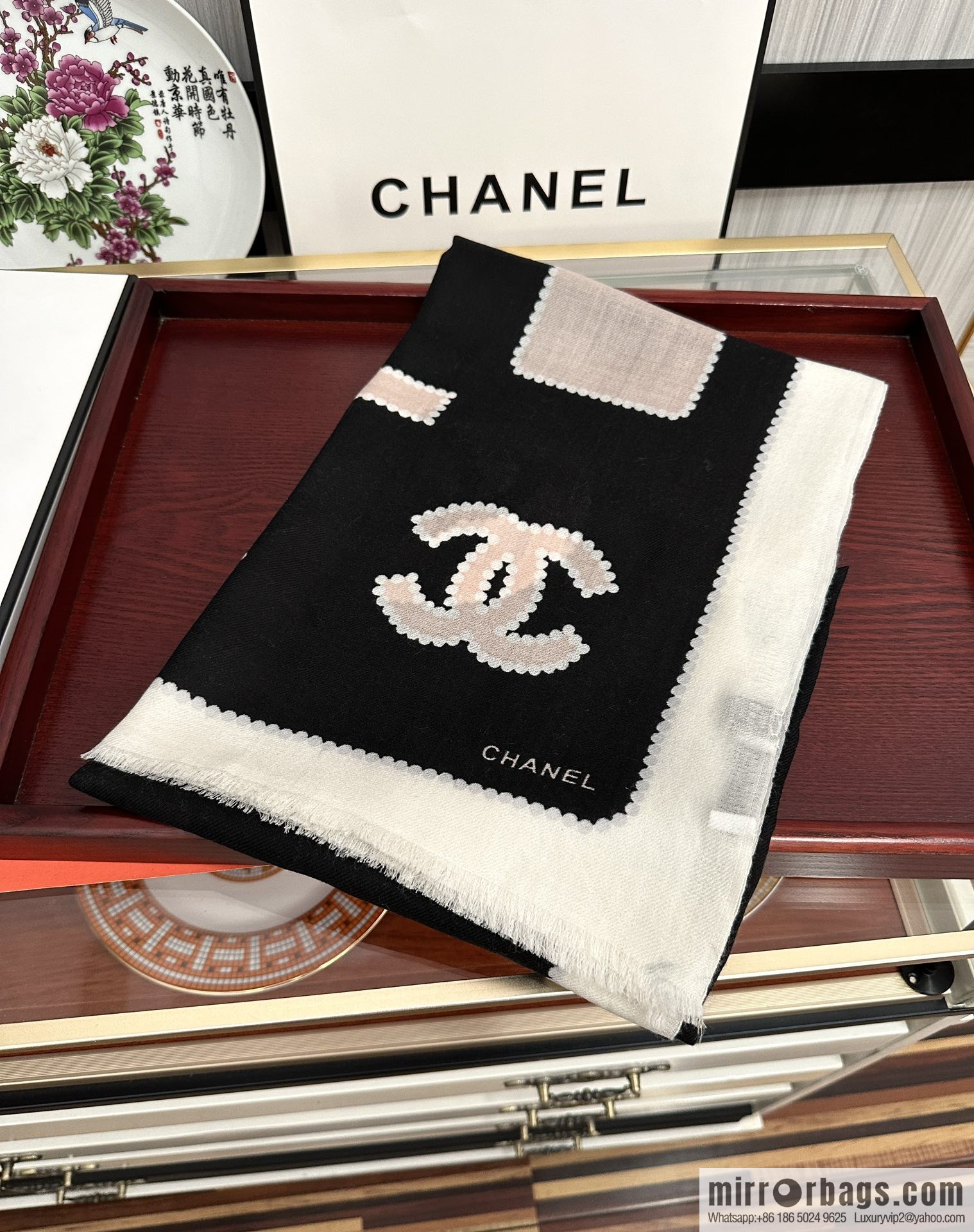 Chanel perfume bottle cashmere scarf