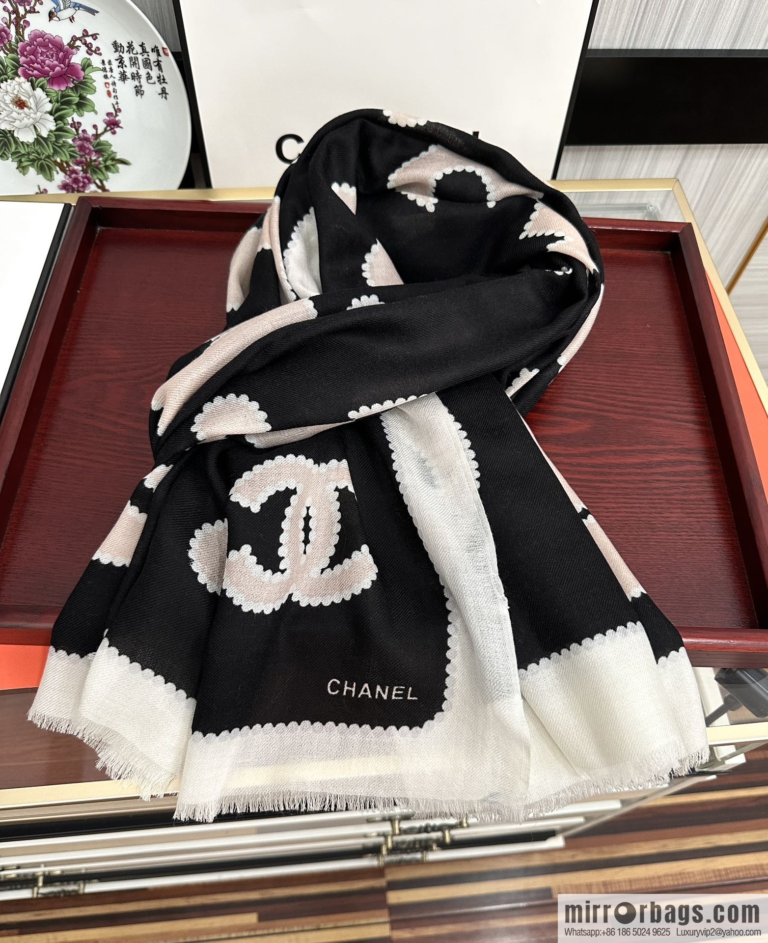 Chanel perfume bottle cashmere scarf