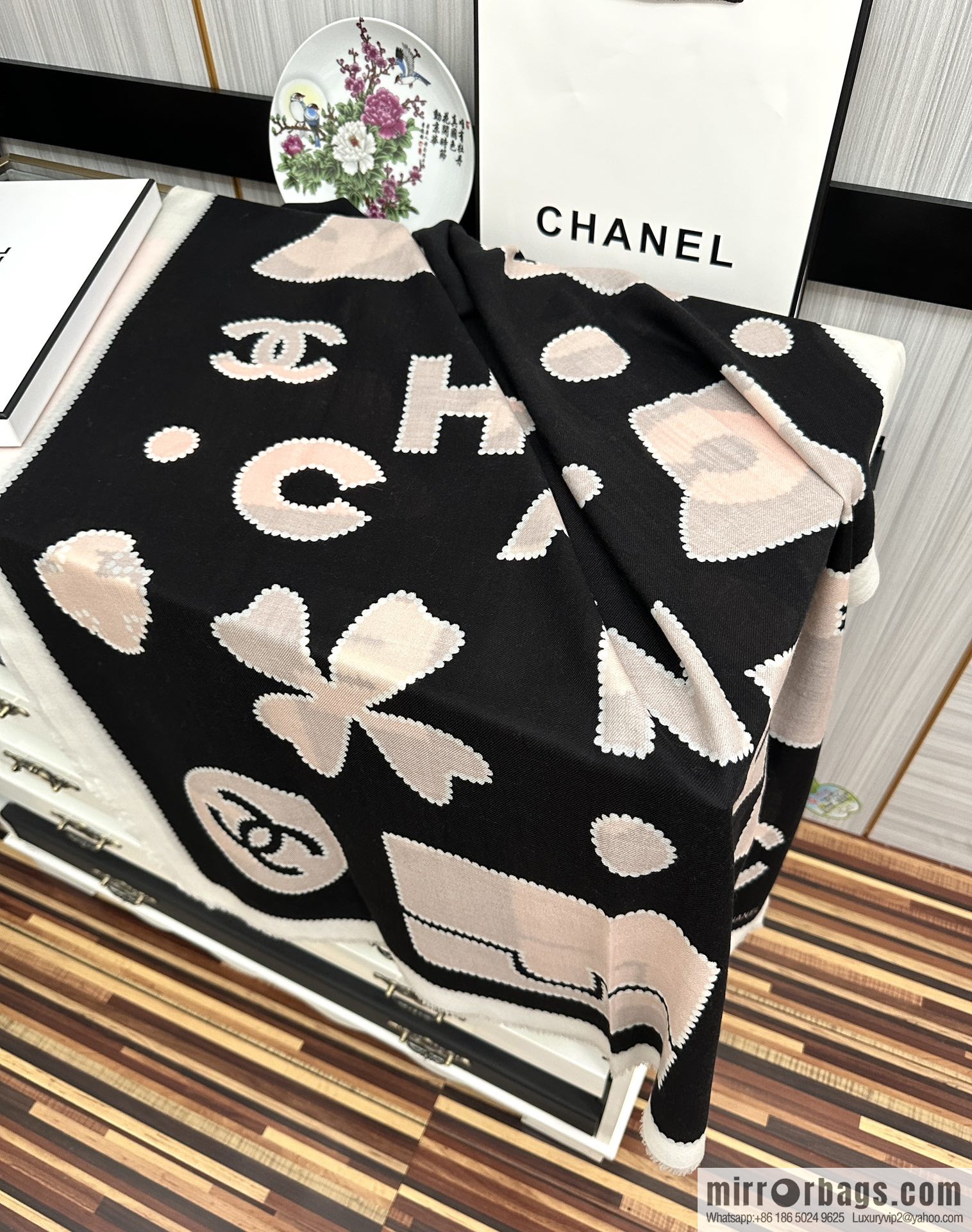 Chanel perfume bottle cashmere scarf