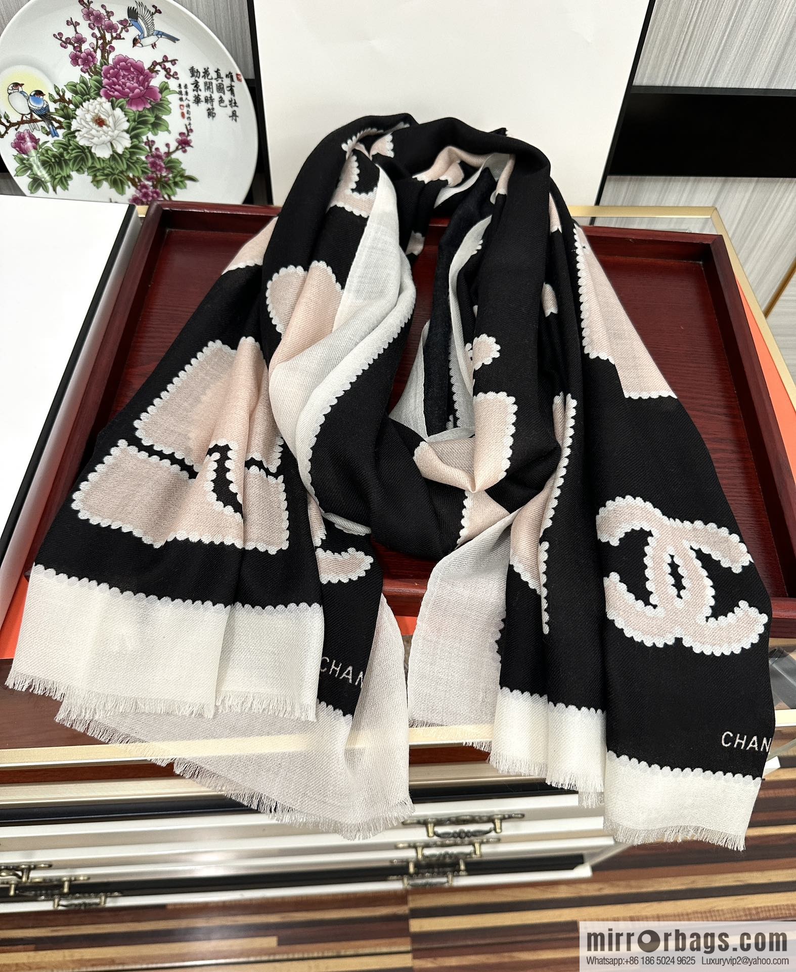 Chanel perfume bottle cashmere scarf