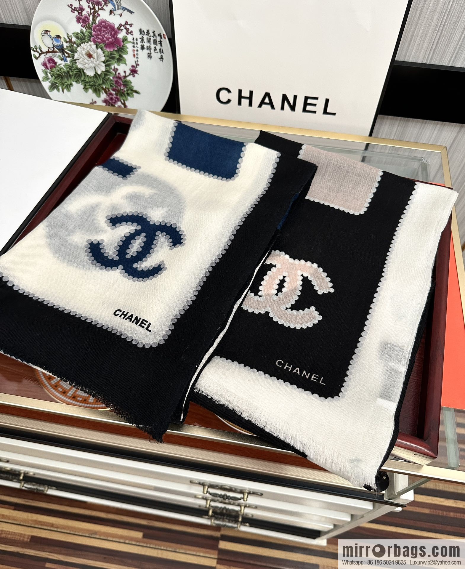Chanel perfume bottle cashmere scarf