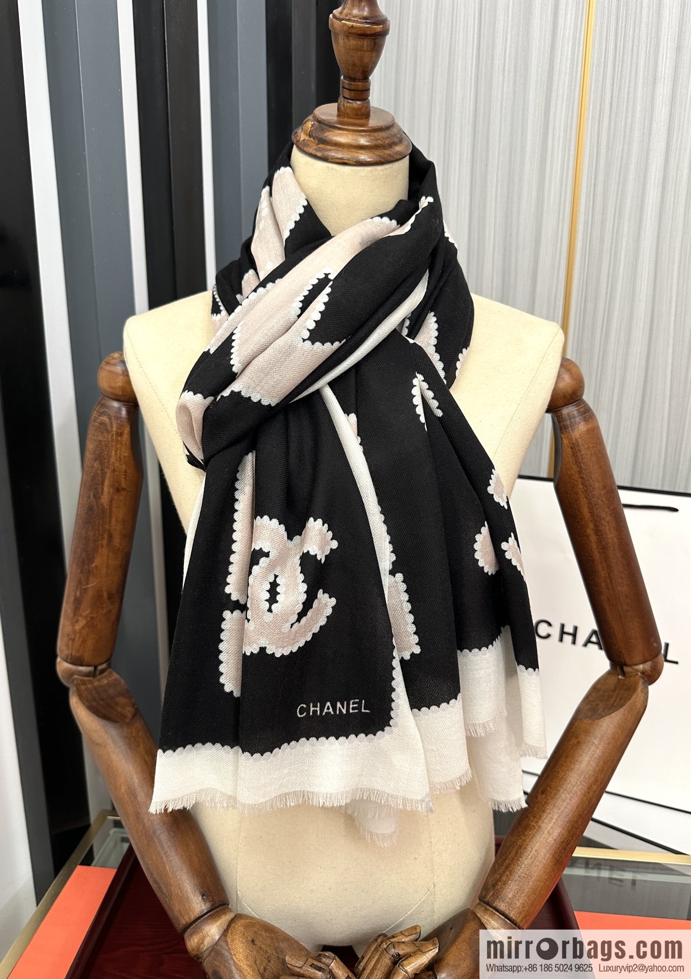 Chanel perfume bottle cashmere scarf