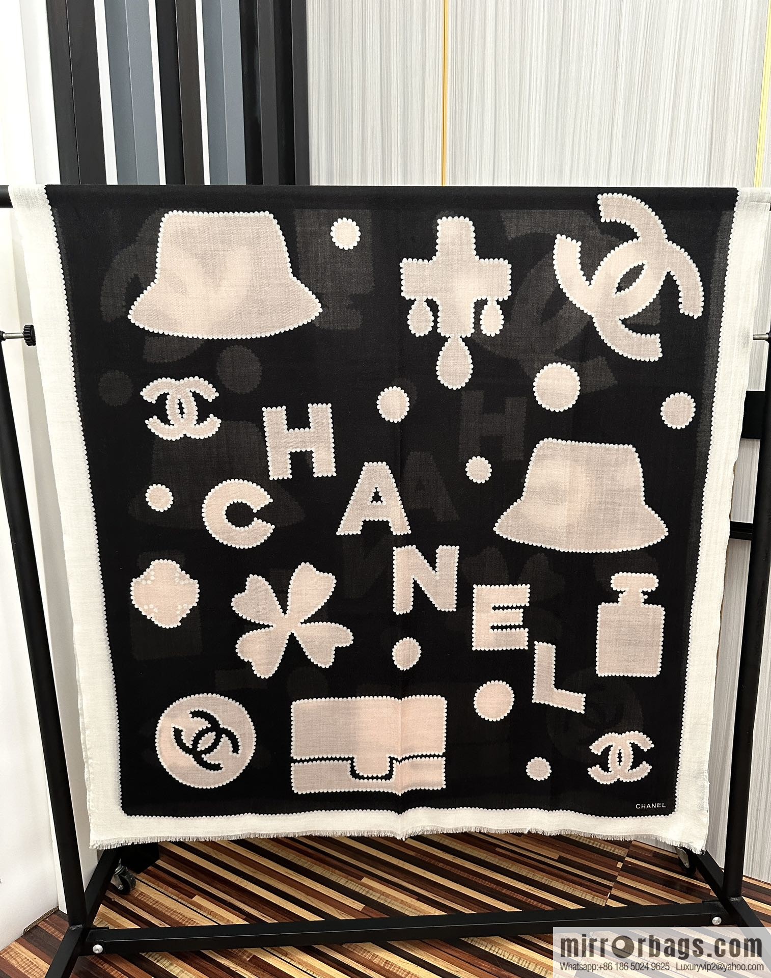 Chanel perfume bottle cashmere scarf