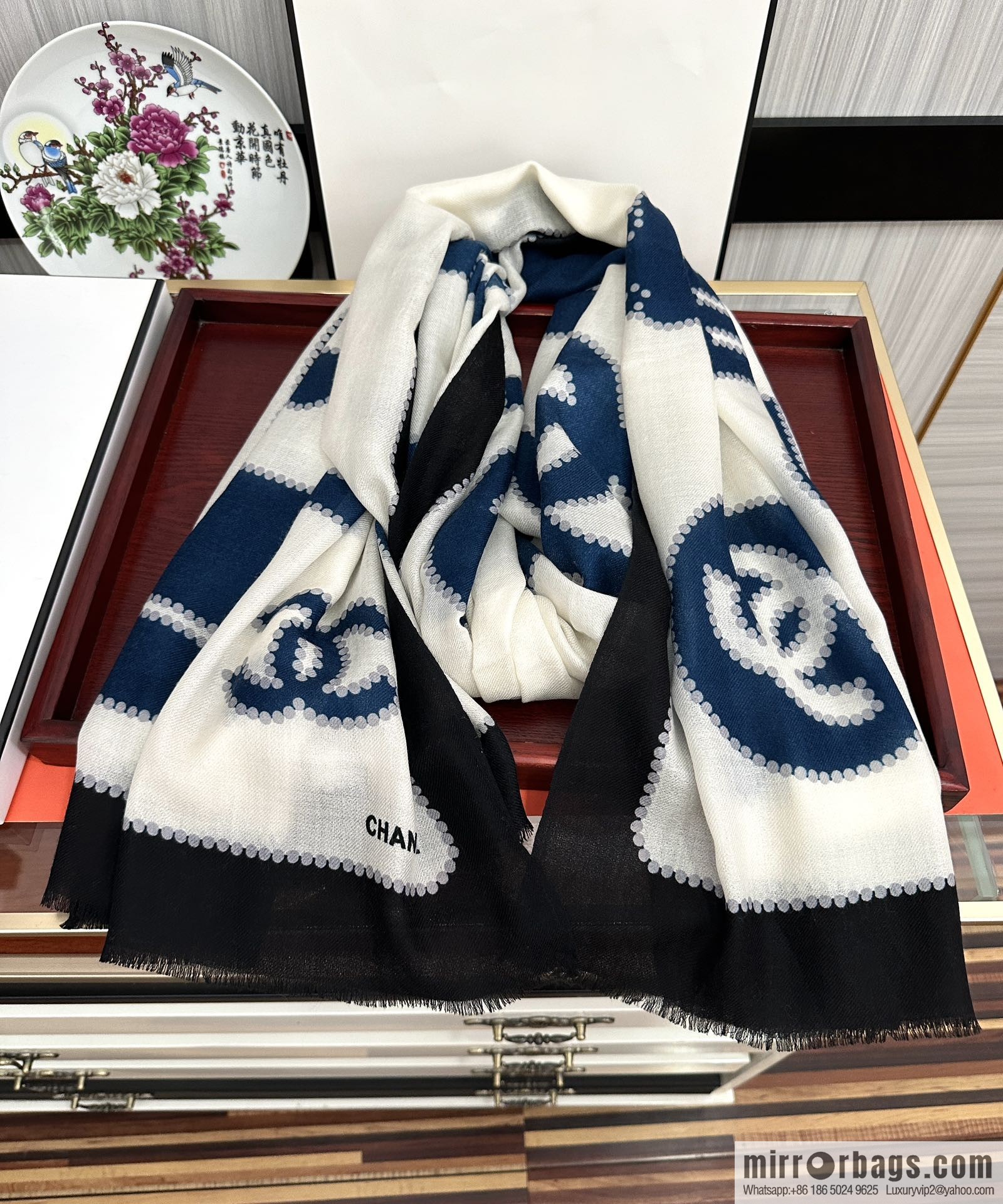 Chanel perfume bottle cashmere scarf