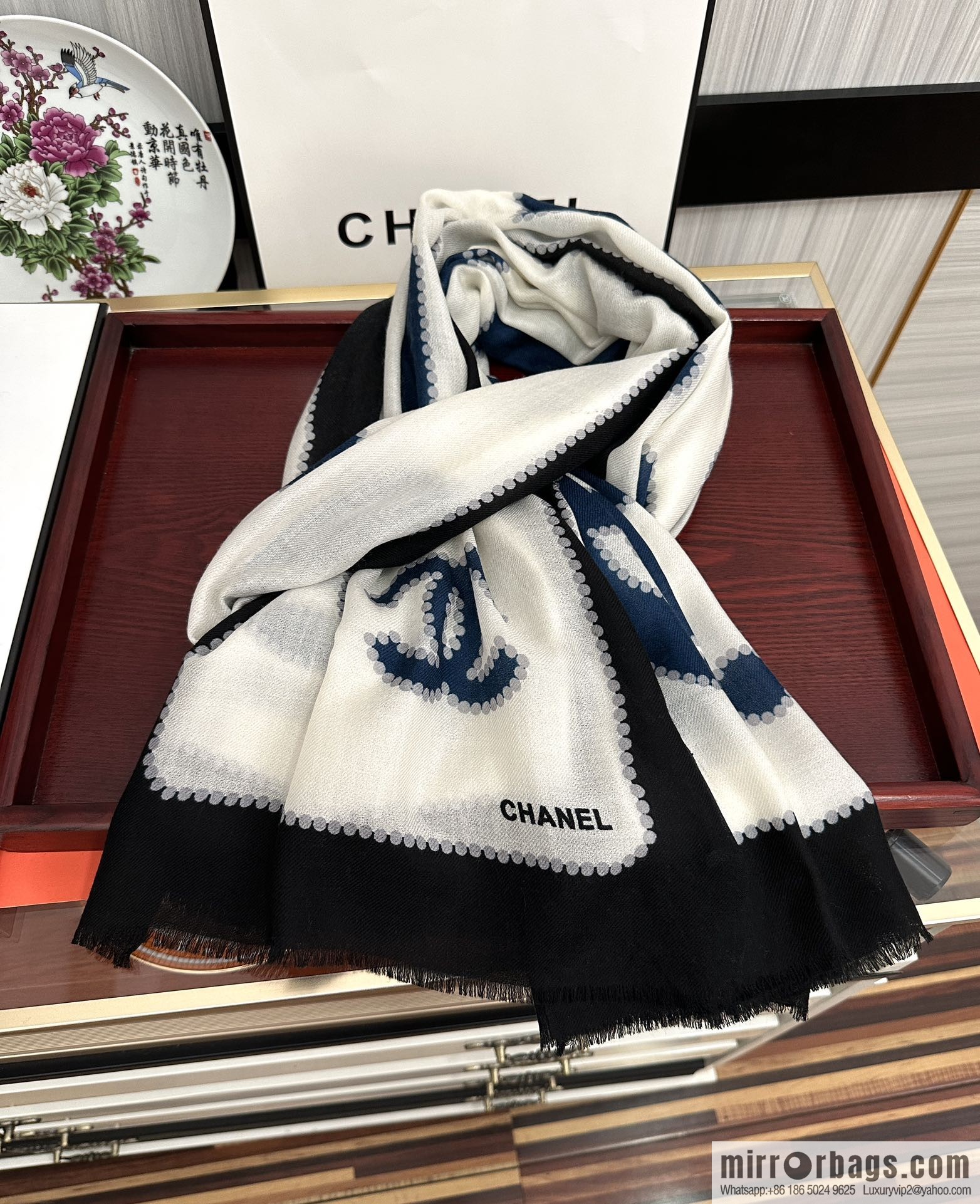 Chanel perfume bottle cashmere scarf