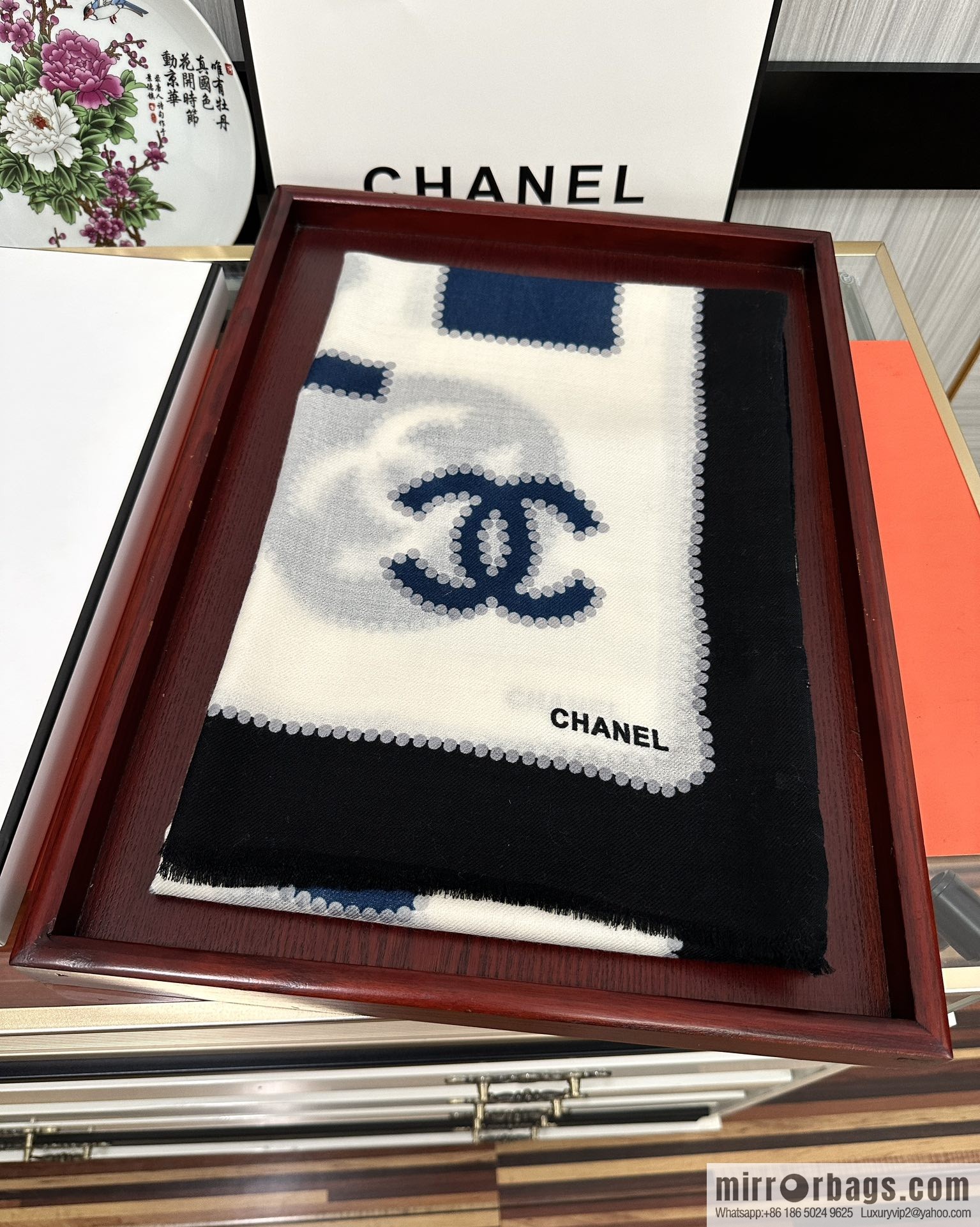 Chanel perfume bottle cashmere scarf